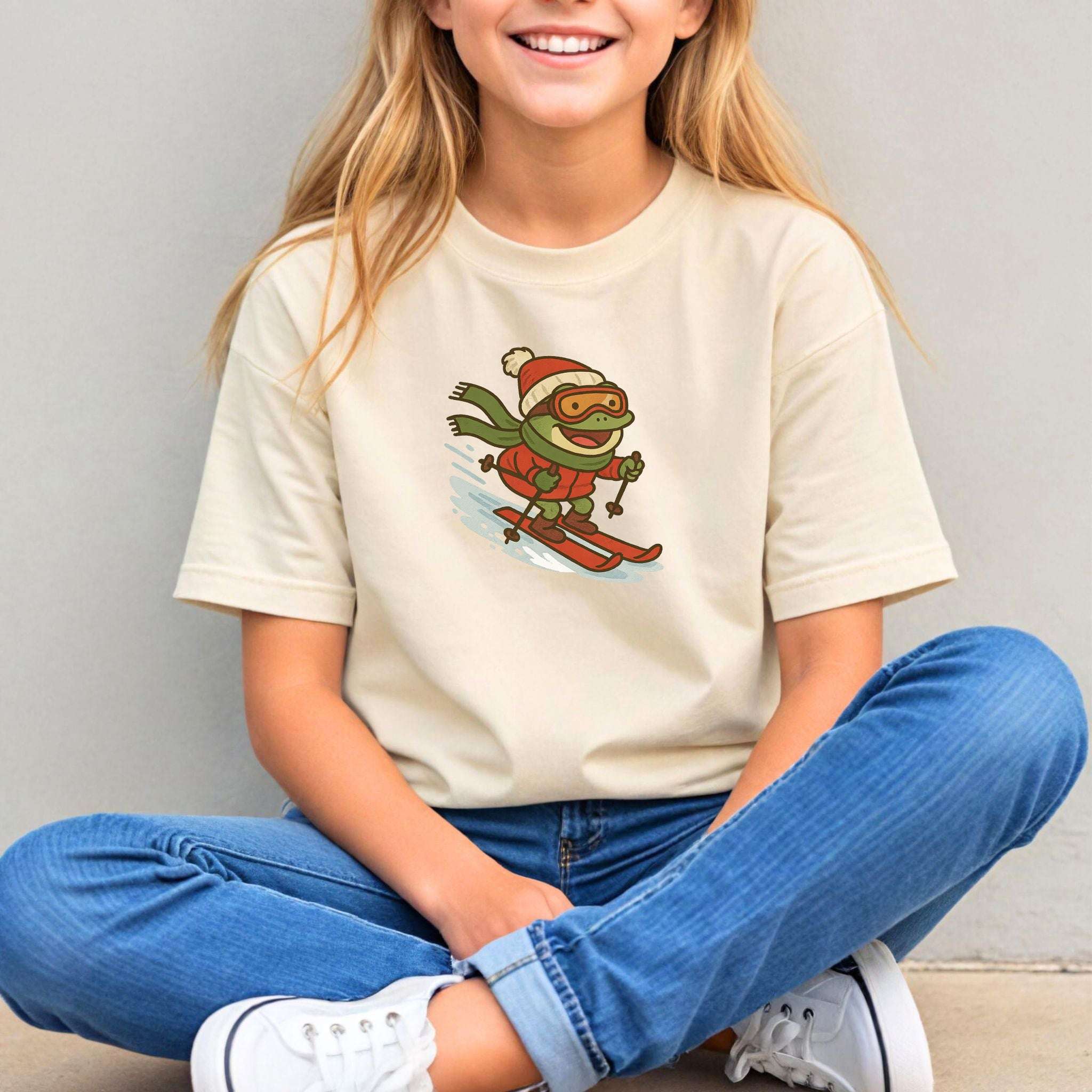 Froggy Ski Fun Kids T-Shirt – Funny Winter Sports Christmas Tee, Youth Tee