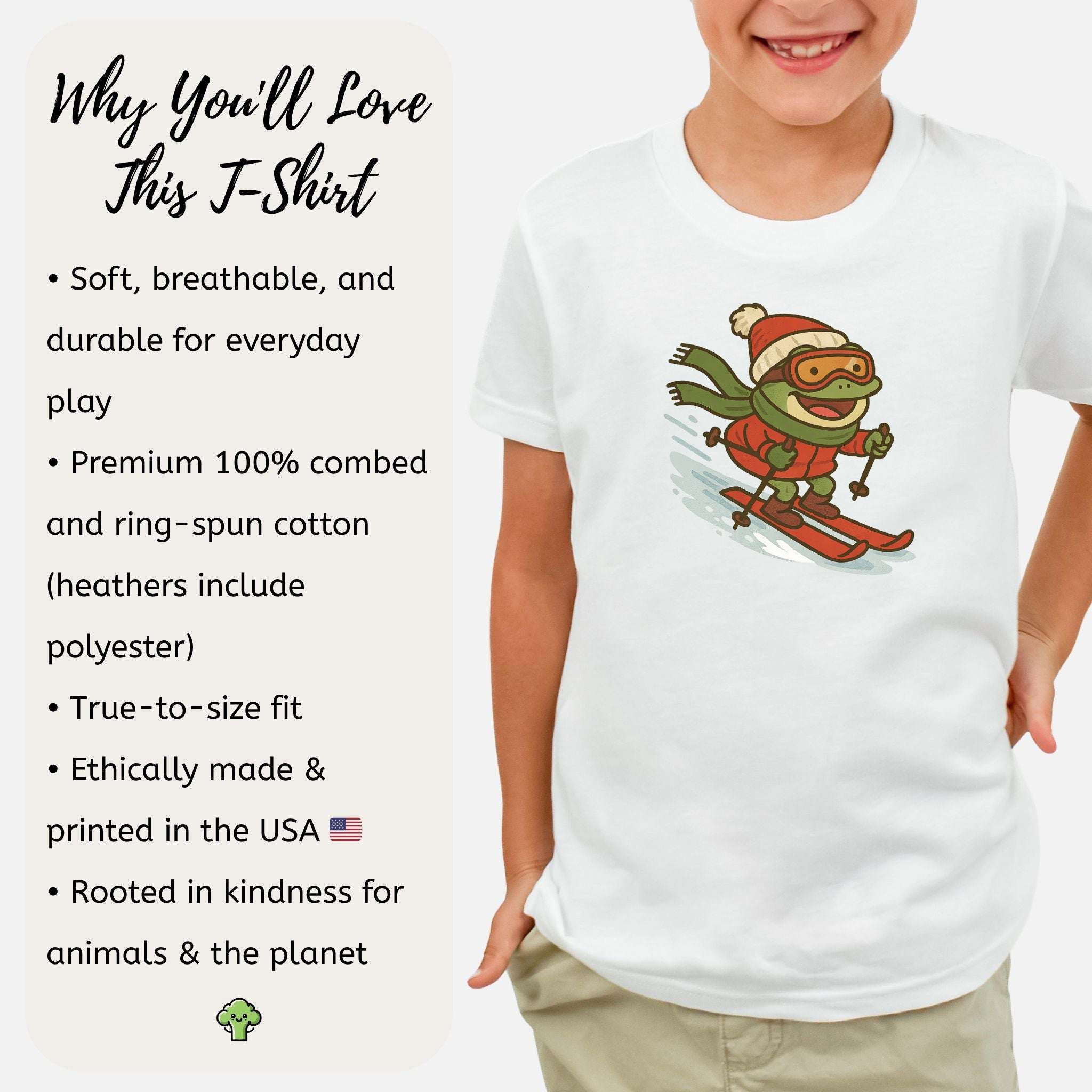 Froggy Ski Fun Kids T-Shirt – Funny Winter Sports Christmas Tee, Youth Tee