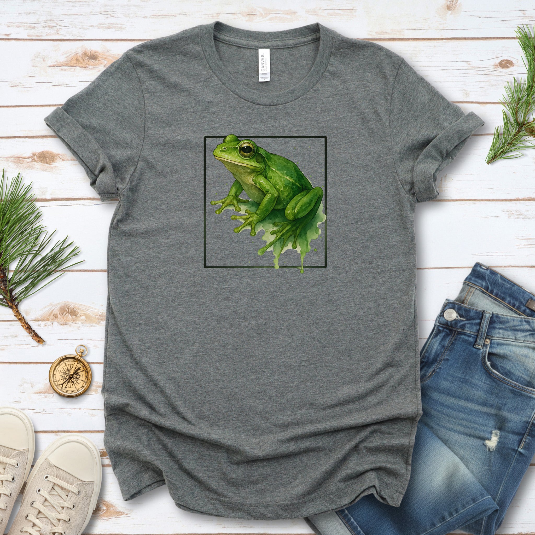 Frog Watercolor Style T-Shirt – Vibrant Green Nature Vibes