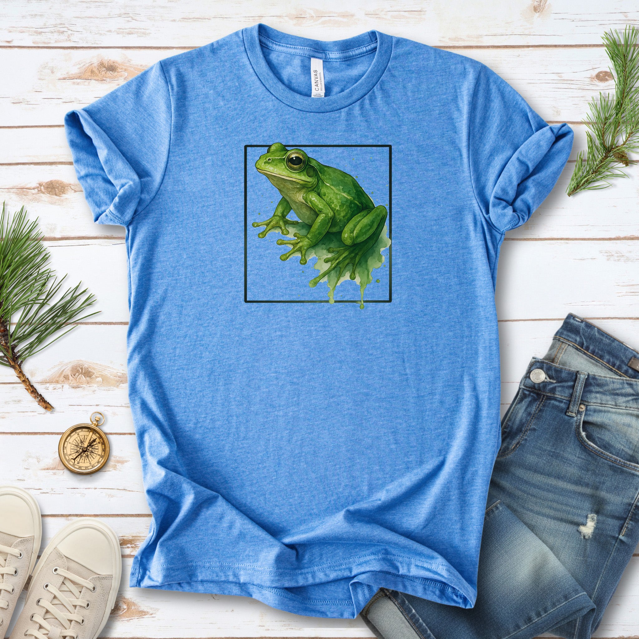 Frog Watercolor Style T-Shirt – Vibrant Green Nature Vibes