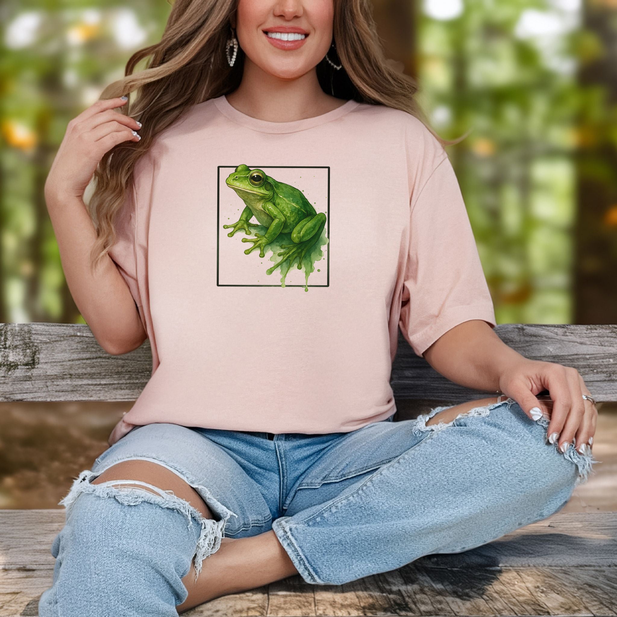 Frog Watercolor Style T-Shirt – Vibrant Green Nature Vibes