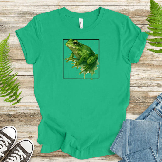 Frog Watercolor Style T-Shirt – Vibrant Green Nature Vibes