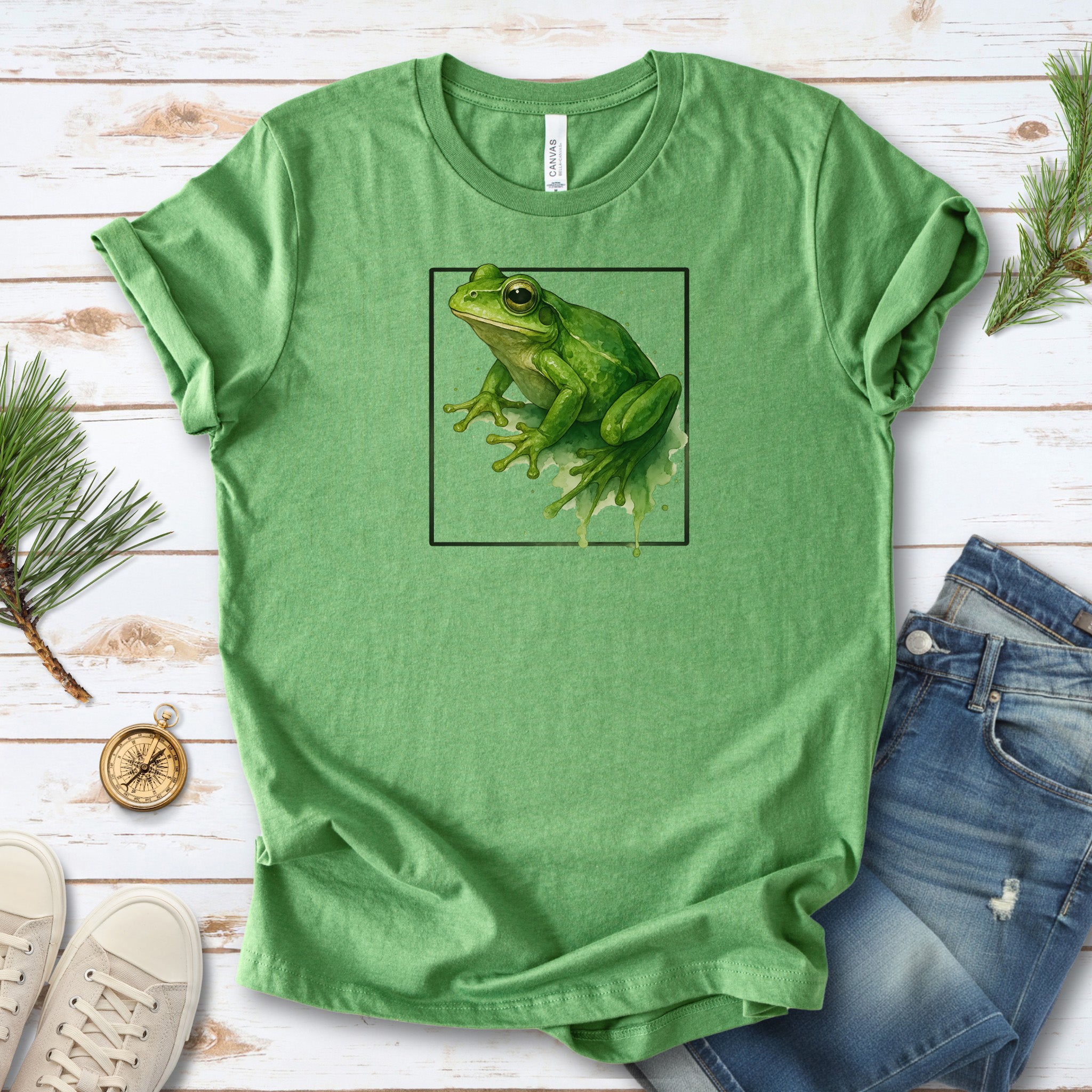 Frog Watercolor Style T-Shirt – Vibrant Green Nature Vibes