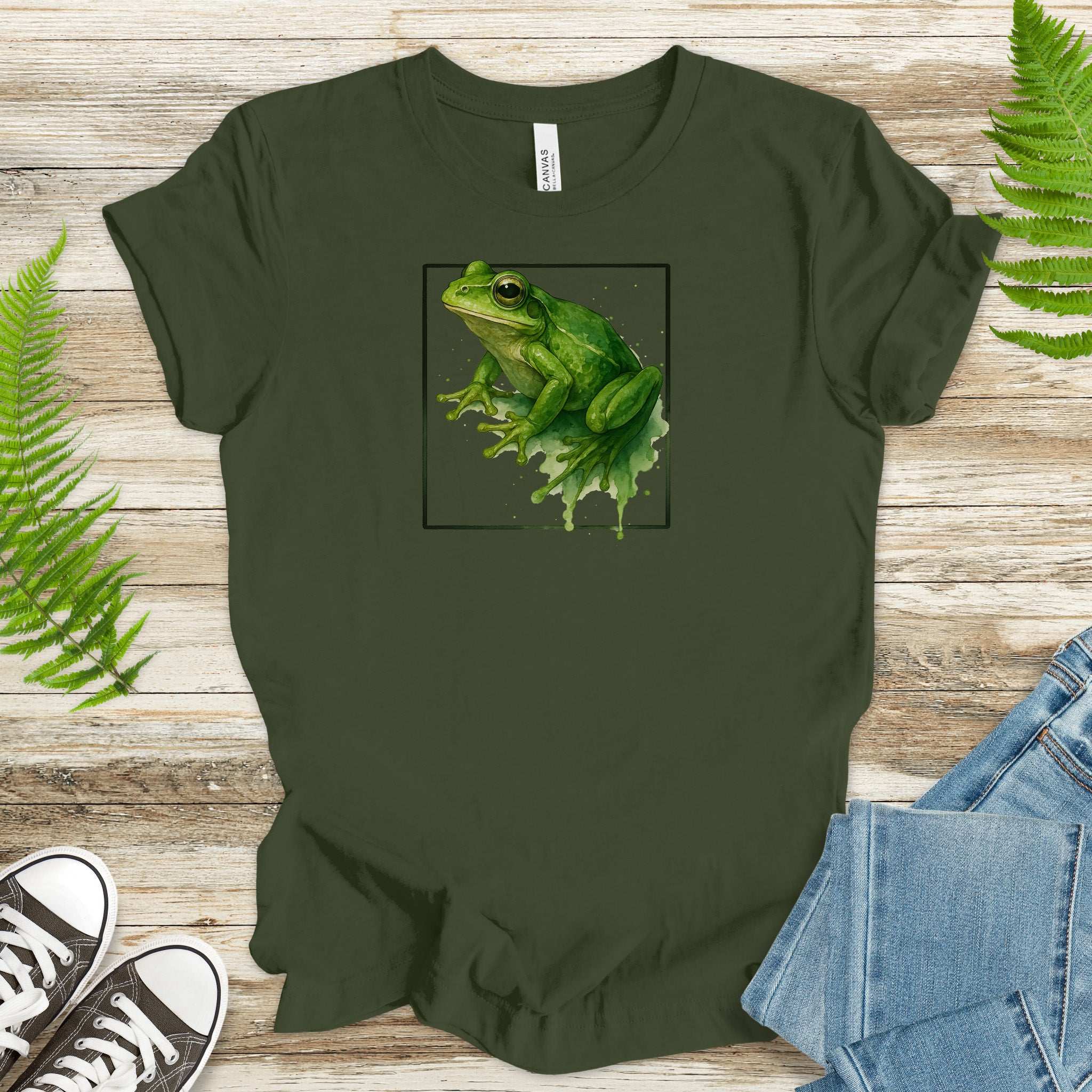 Frog Watercolor Style T-Shirt – Vibrant Green Nature Vibes