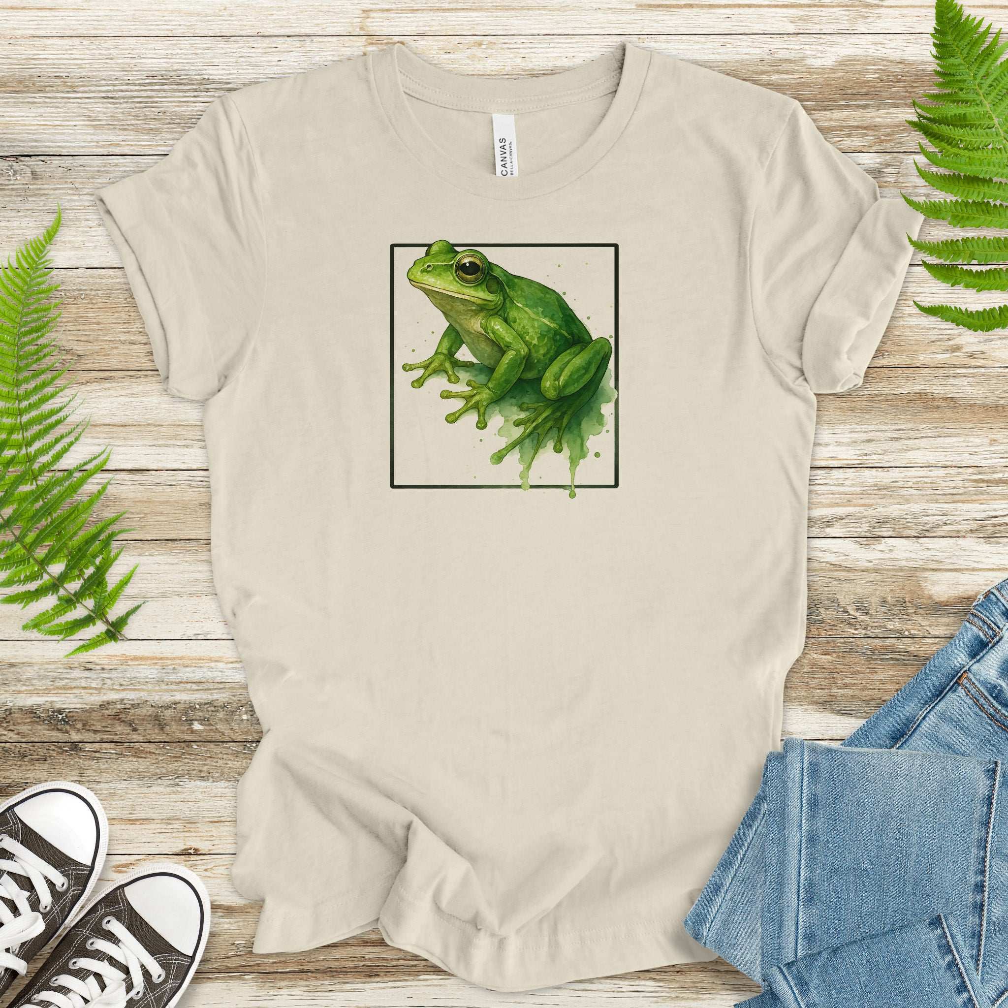 Frog Watercolor Style T-Shirt – Vibrant Green Nature Vibes