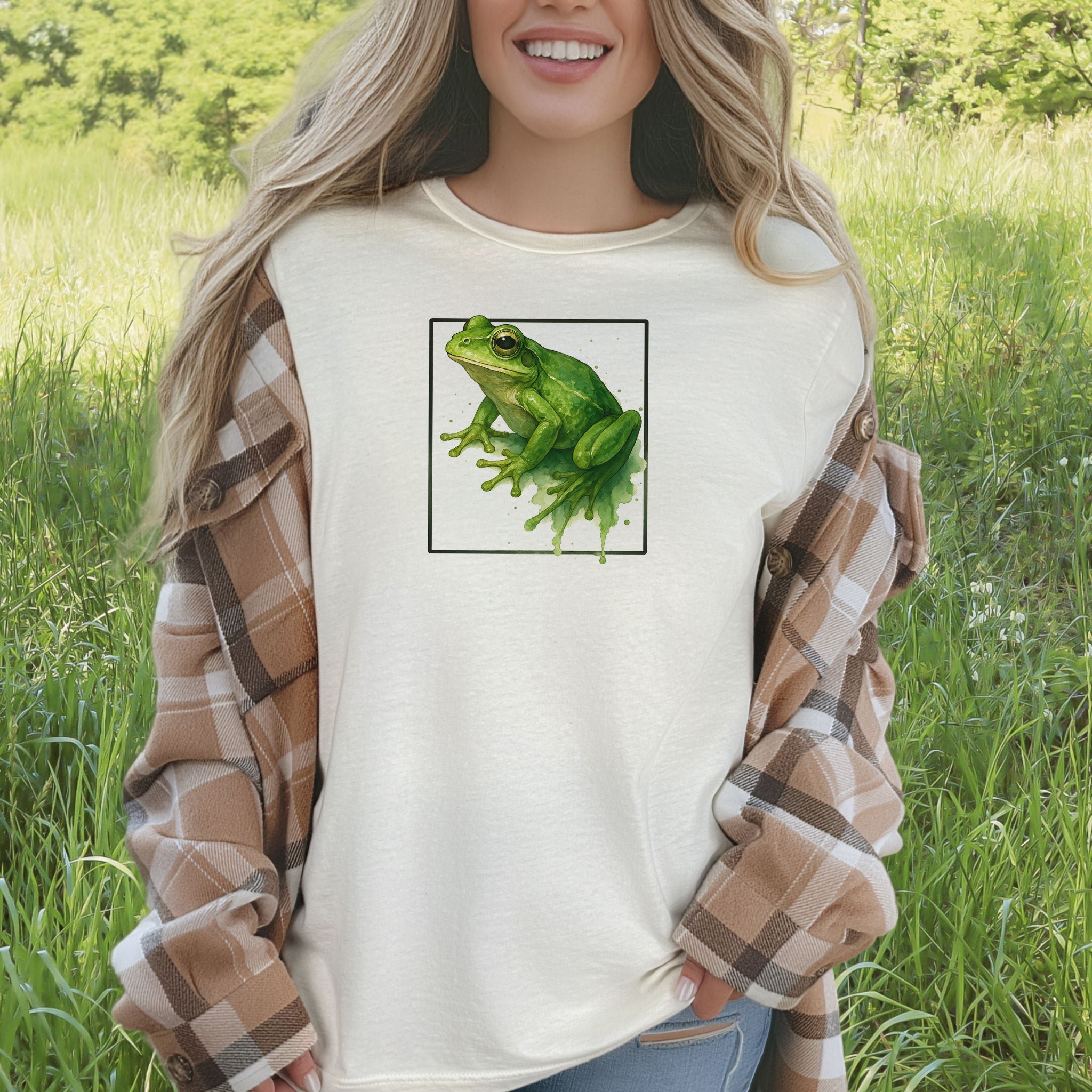 Frog Watercolor Style T-Shirt – Vibrant Green Nature Vibes
