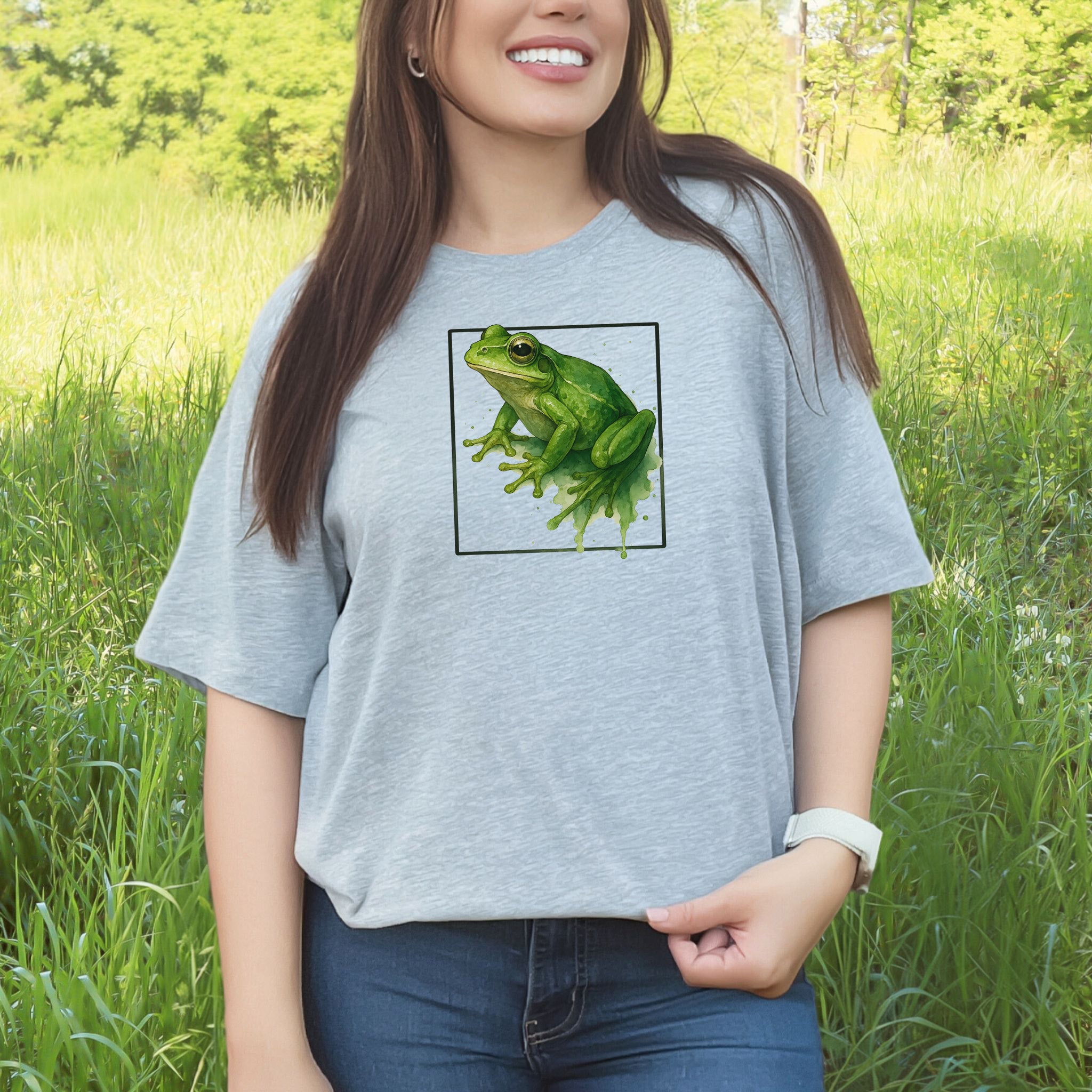 Frog Watercolor Style T-Shirt – Vibrant Green Nature Vibes