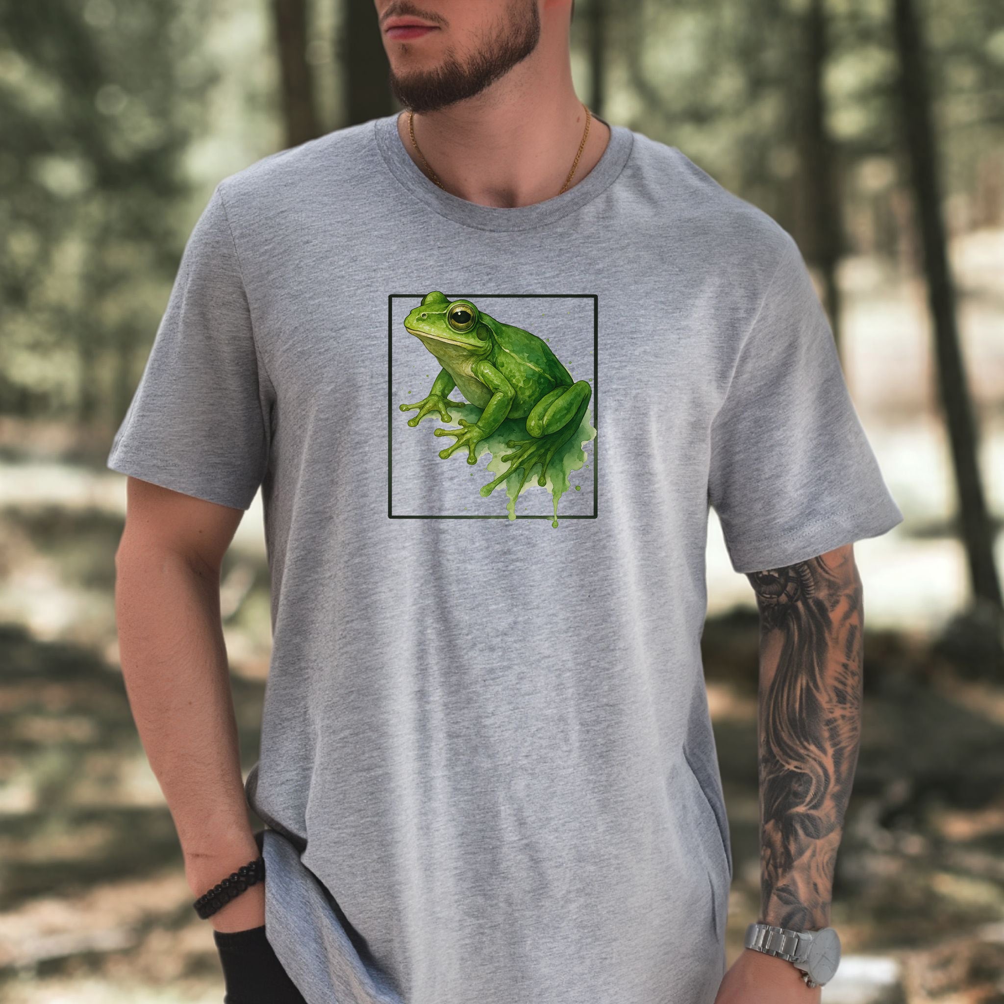 Frog Watercolor Style T-Shirt – Vibrant Green Nature Vibes