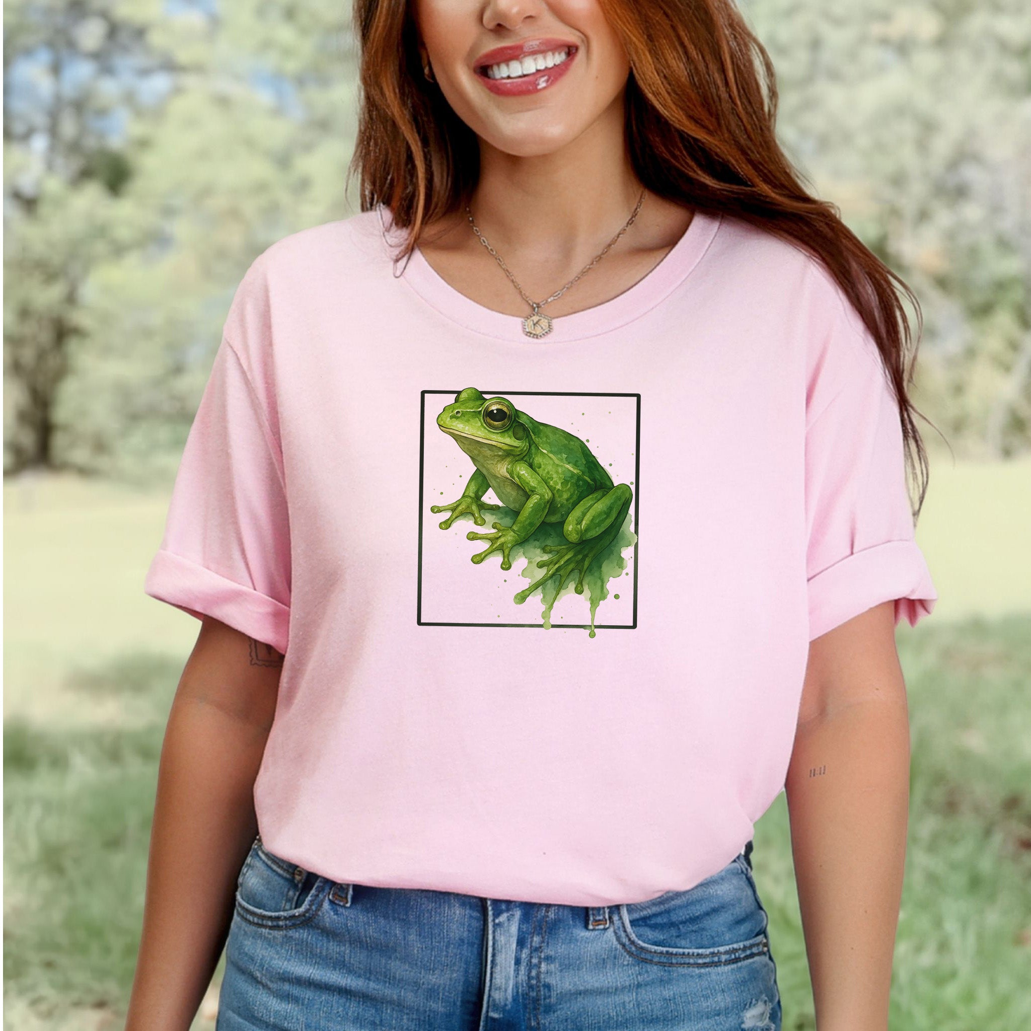 Frog Watercolor Style T-Shirt – Vibrant Green Nature Vibes
