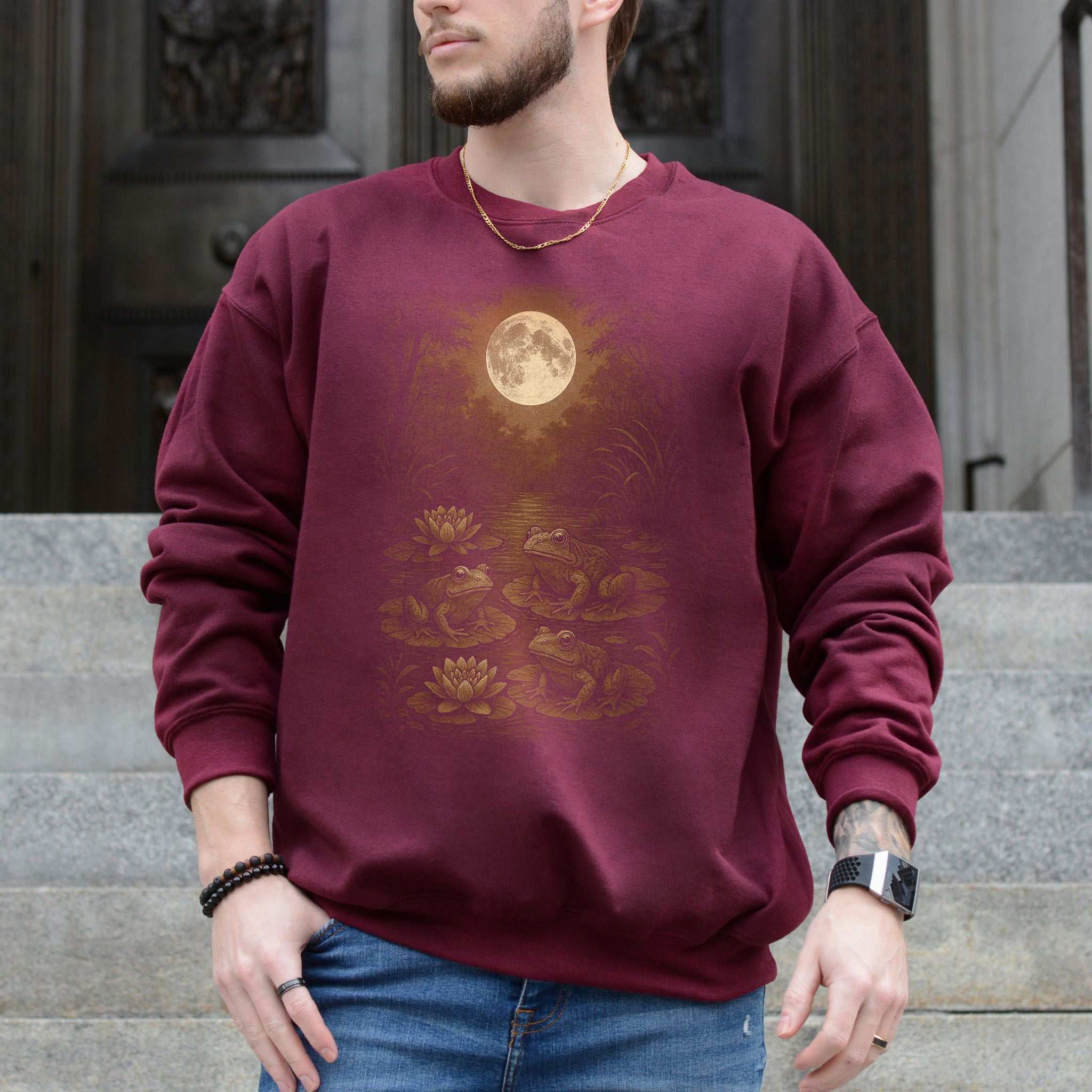 Frog Spirit Animal Sweatshirt – Moonlit Pond & Forestcore Vibes featuring frogs and full moon design.
