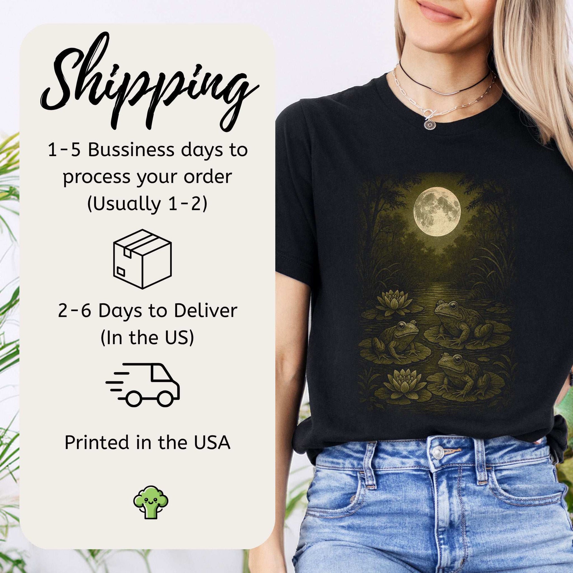 Frog Spirit Animal T-Shirt – Moonlit Pond & Forestcore Vibes shipping information and model wearing shirt.