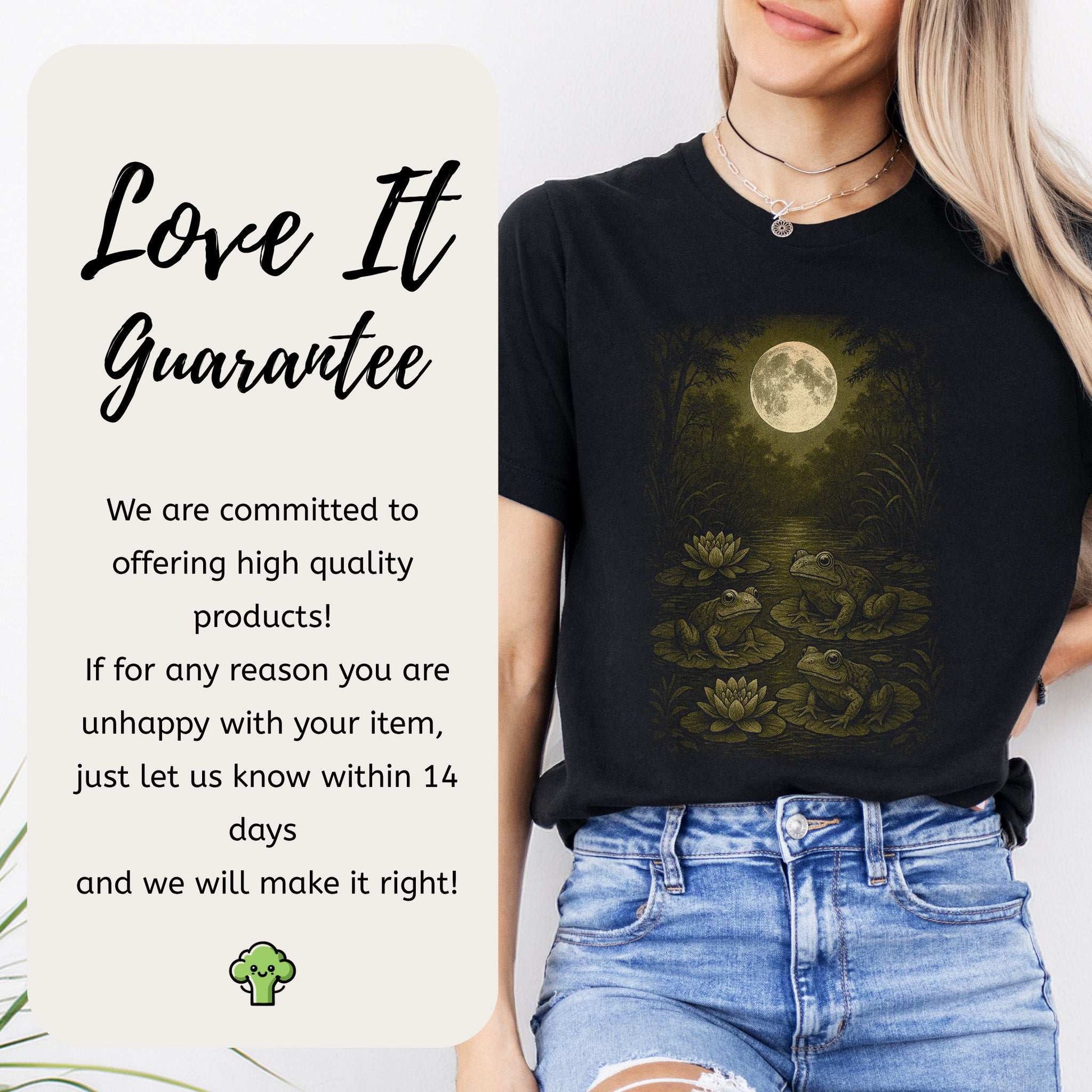 Frog Spirit Animal T-Shirt – Moonlit Pond & Forestcore Vibes featuring frogs under a full moon and lilies.