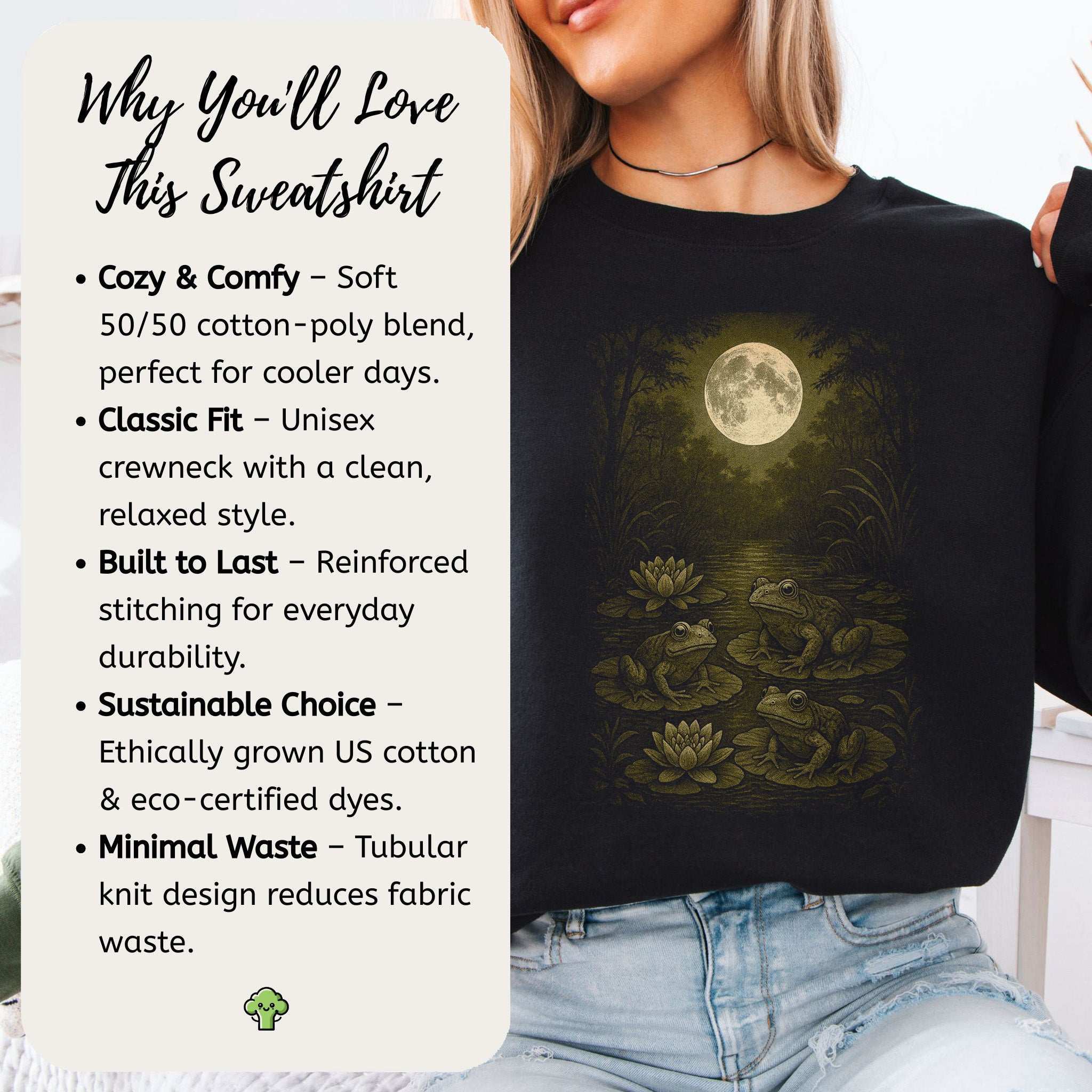 Frog Spirit Animal Sweatshirt – Moonlit Pond & Forestcore Vibes featuring frogs and moonlight design on cozy fabric.