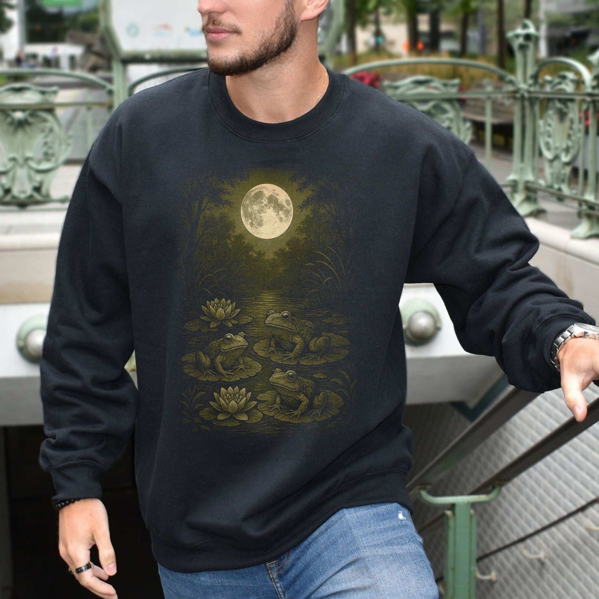 Frog Spirit Animal Sweatshirt – Moonlit Pond & Forestcore Vibes featuring frogs and a full moon design.