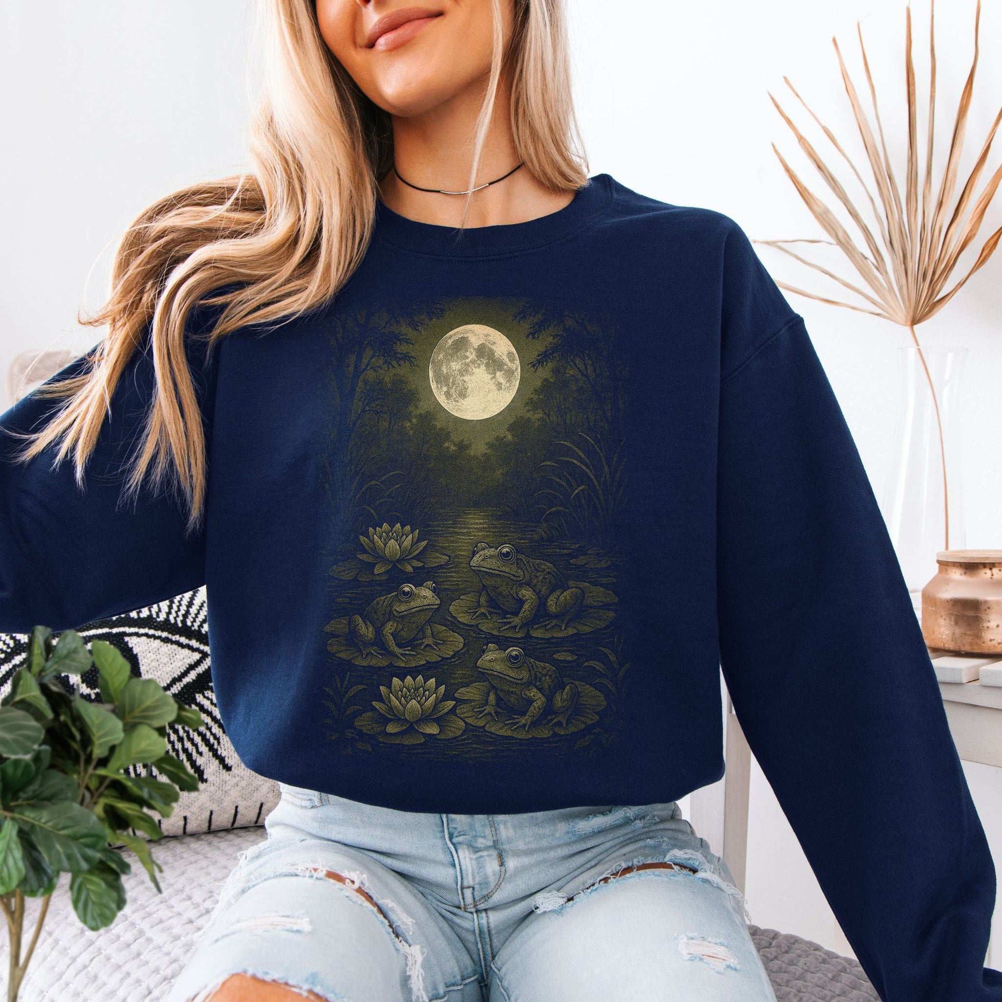 Frog Spirit Animal Sweatshirt – Moonlit Pond & Forestcore Vibes featuring whimsical frogs and a full moon.