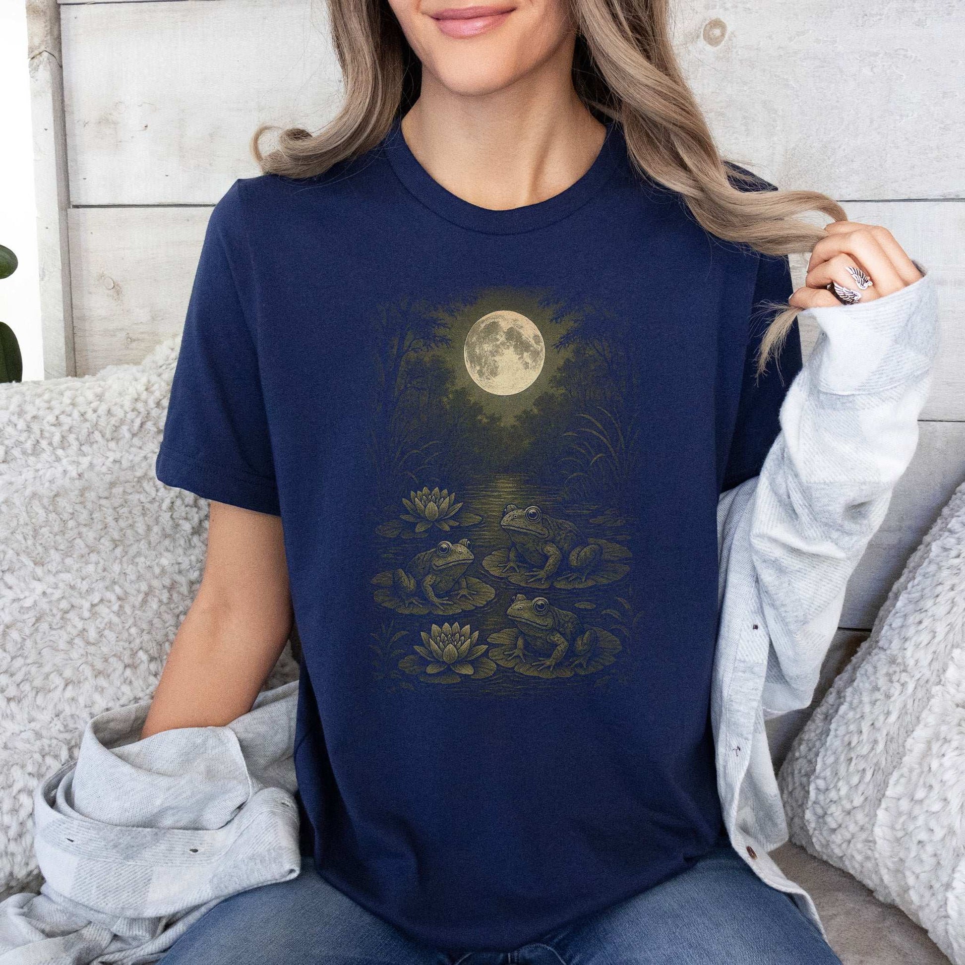 Frog Spirit Animal T-Shirt – Moonlit Pond & Forestcore Vibes featuring a full moon and lily pads.