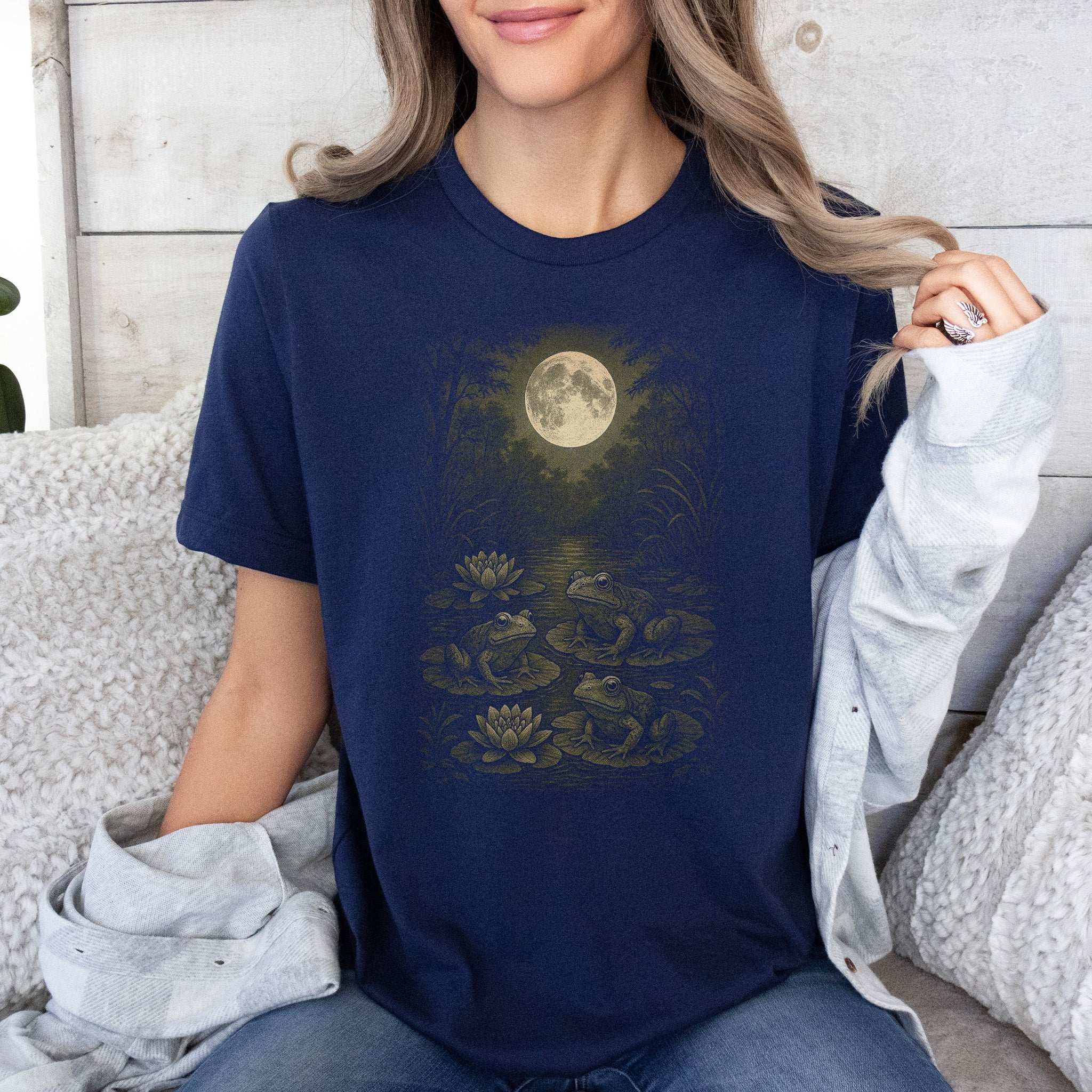 Frog Spirit Animal T-Shirt – Moonlit Pond & Forestcore Vibes featuring a full moon and lily pads.