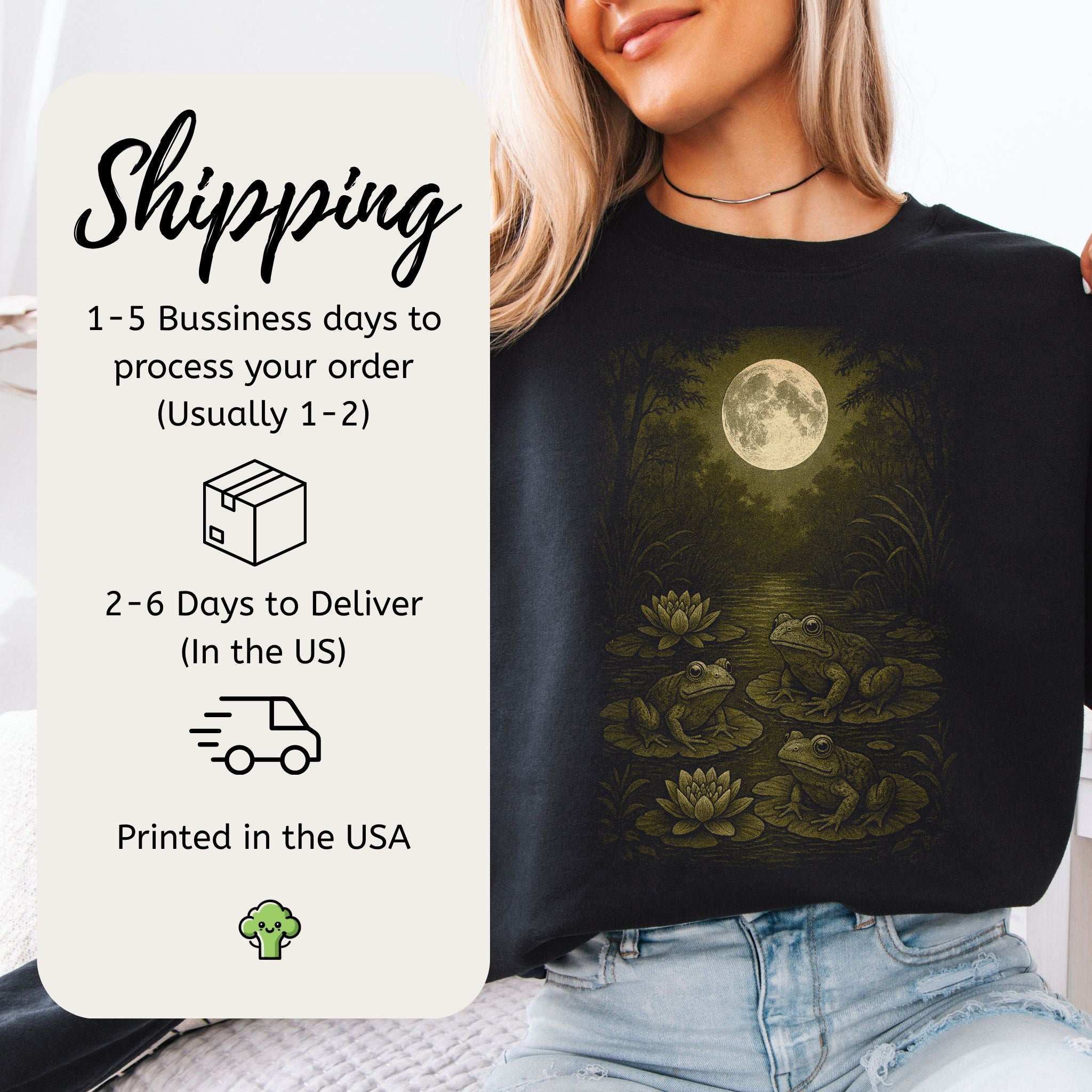 Frog Spirit Animal Sweatshirt – Moonlit Pond & Forestcore Vibes showcasing frogs, full moon, and lily pads.