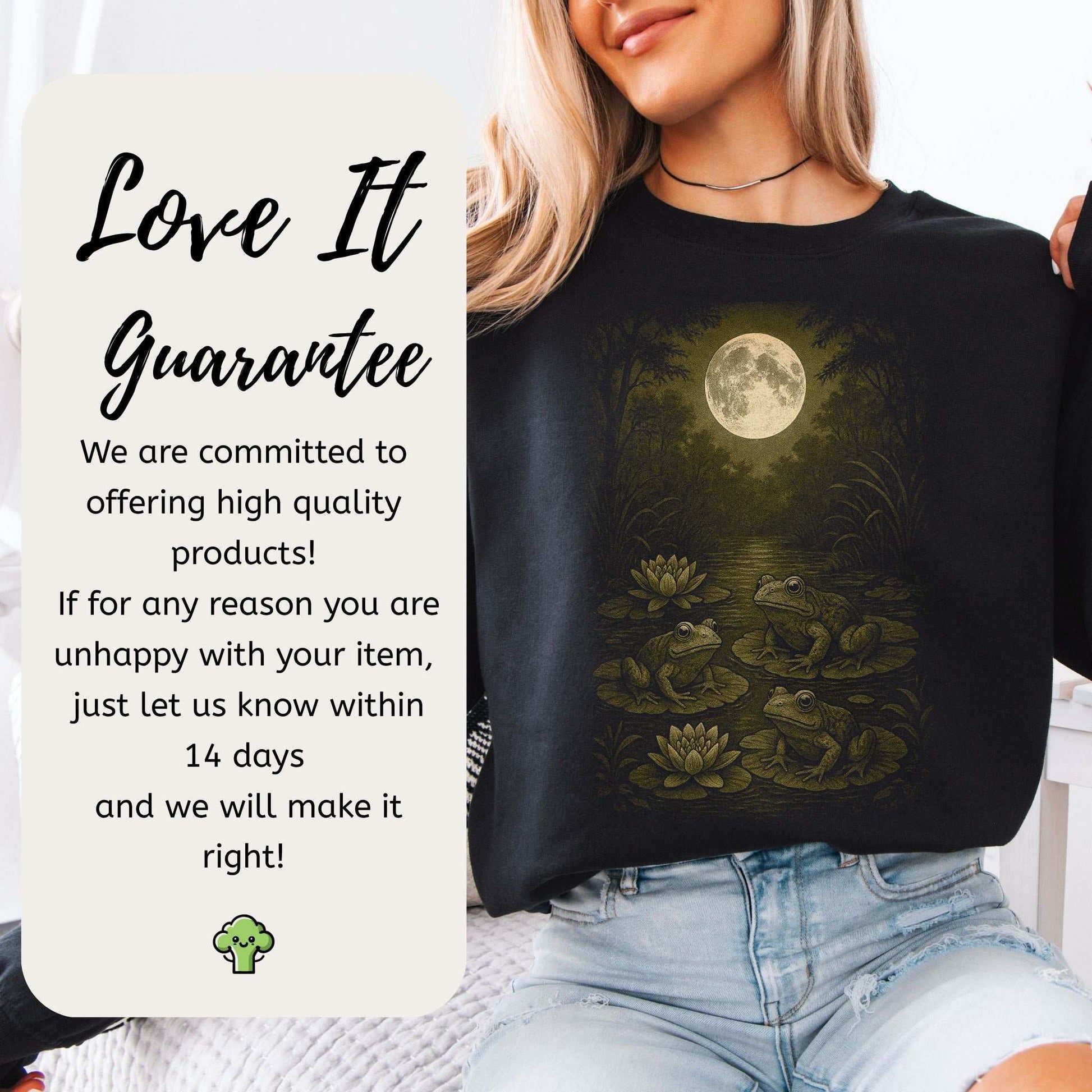 Frog Spirit Animal Sweatshirt – Moonlit Pond & Forestcore Vibes with three frogs and full moon design.