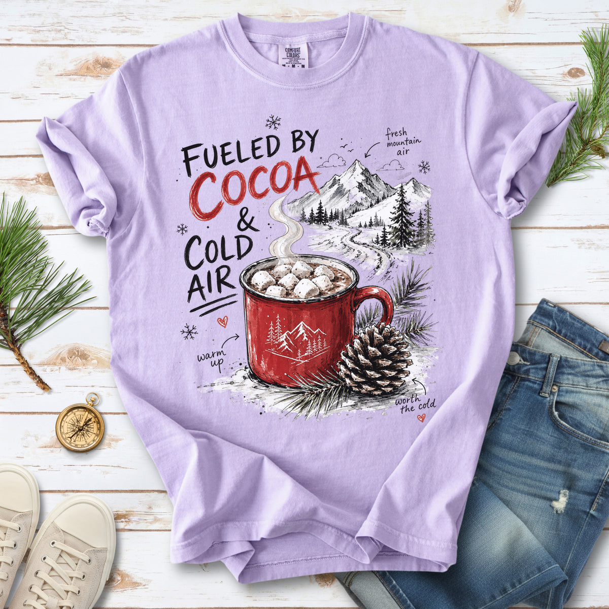 Fueled by Cocoa & Cold Air Comfort Colors Shirt – Cozy Winter Mountain Tee