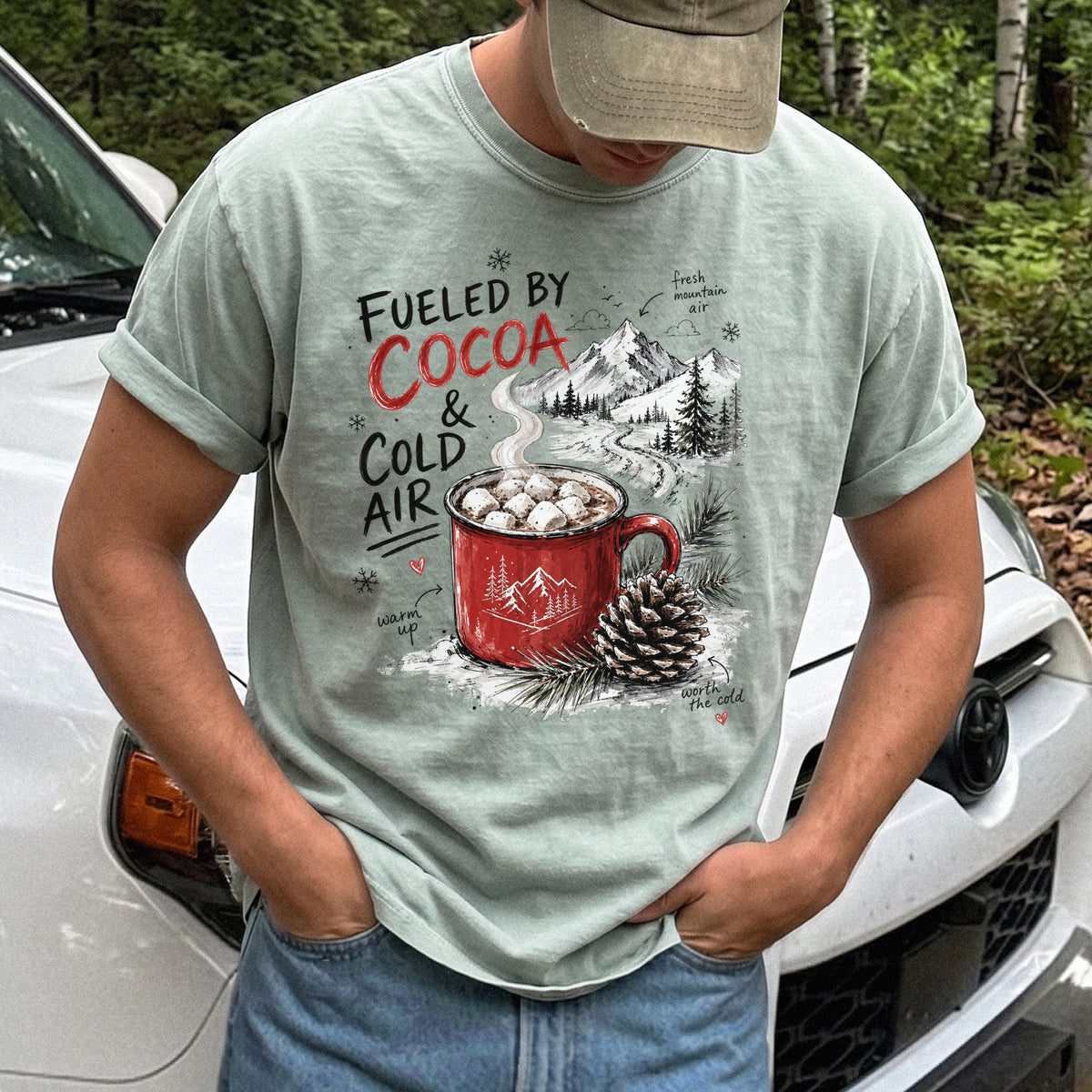 Fueled by Cocoa & Cold Air Comfort Colors Shirt – Cozy Winter Mountain Tee