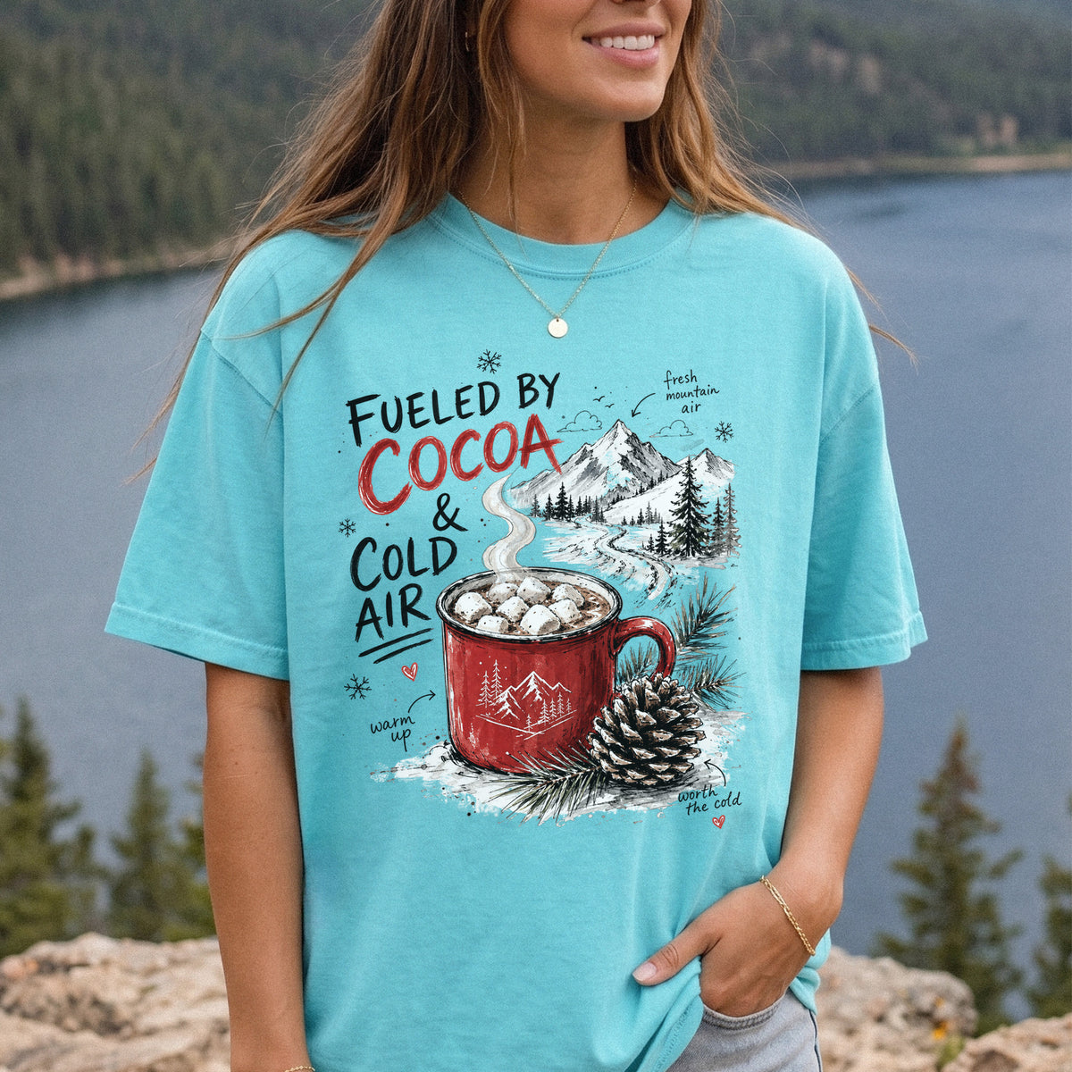 Fueled by Cocoa & Cold Air Comfort Colors Shirt – Cozy Winter Mountain Tee