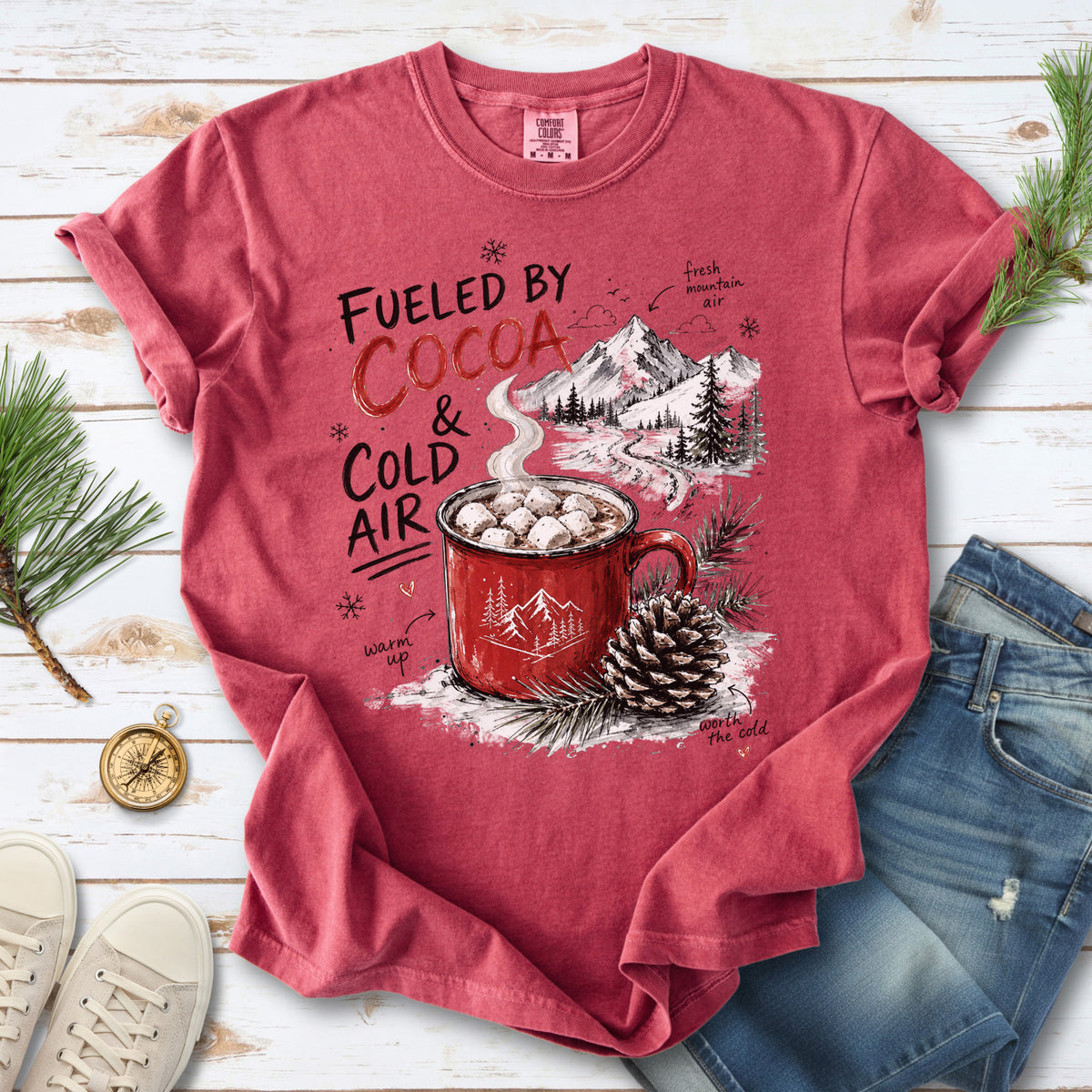 Fueled by Cocoa & Cold Air Comfort Colors Shirt – Cozy Winter Mountain Tee