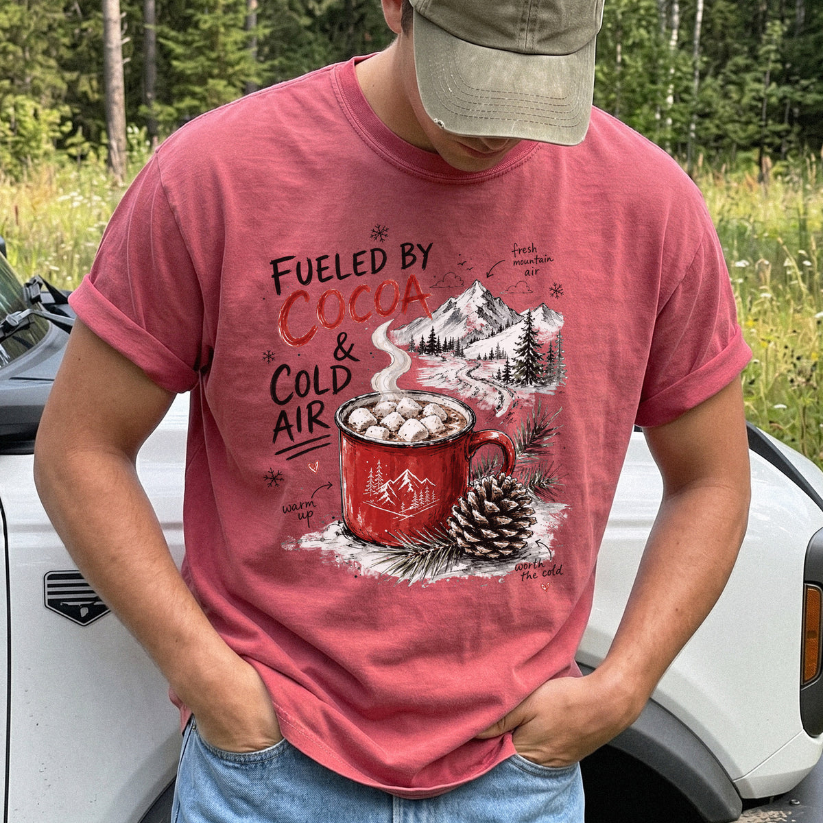 Fueled by Cocoa & Cold Air Comfort Colors Shirt – Cozy Winter Mountain Tee