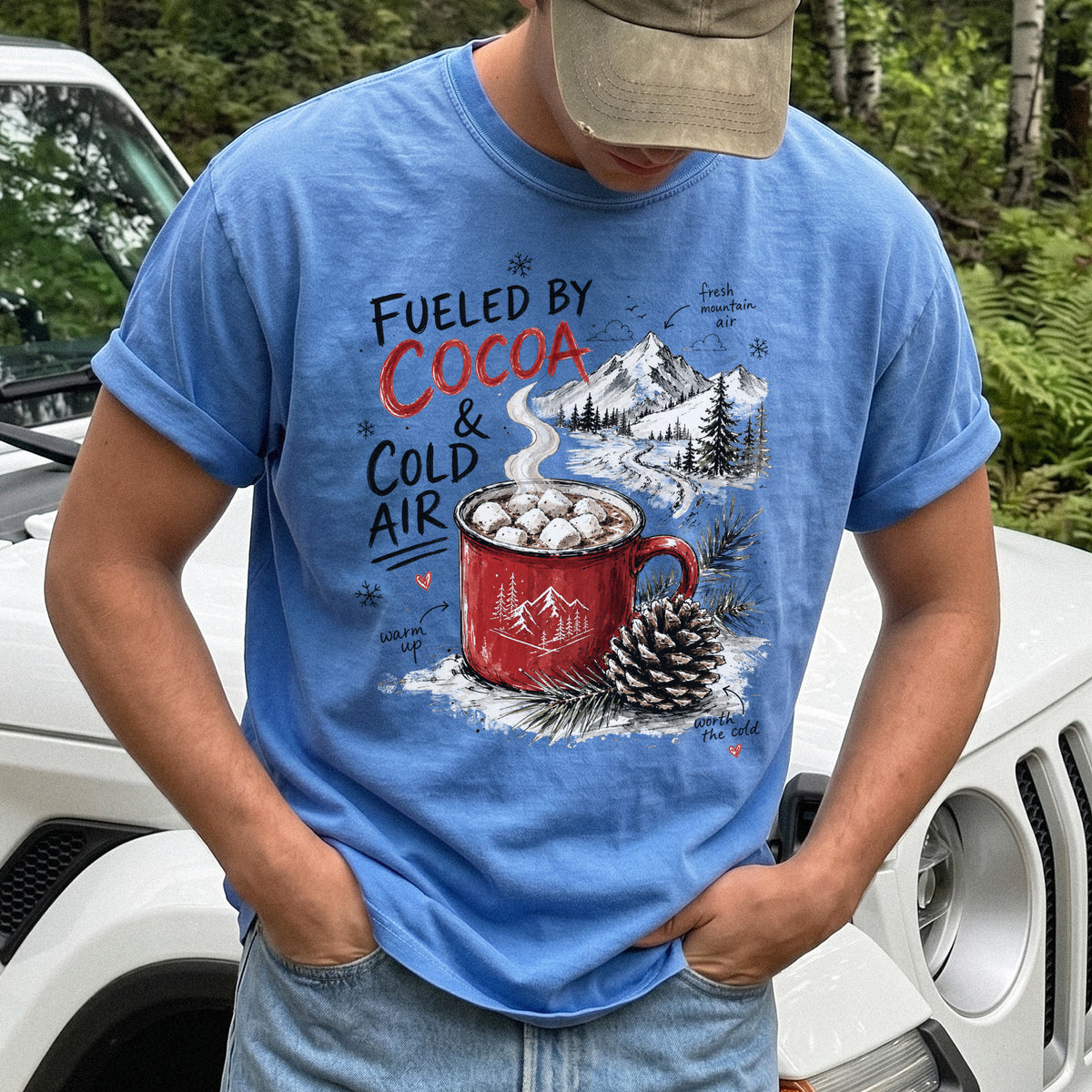 Fueled by Cocoa & Cold Air Comfort Colors Shirt – Cozy Winter Mountain Tee