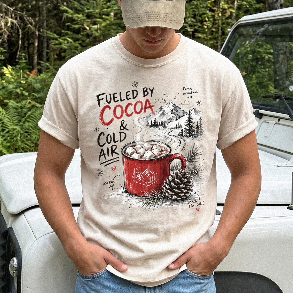 Fueled by Cocoa & Cold Air Comfort Colors Shirt – Cozy Winter Mountain Tee