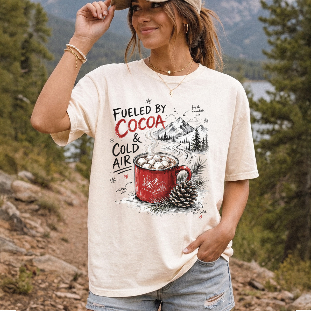 Fueled by Cocoa & Cold Air Comfort Colors Shirt – Cozy Winter Mountain Tee