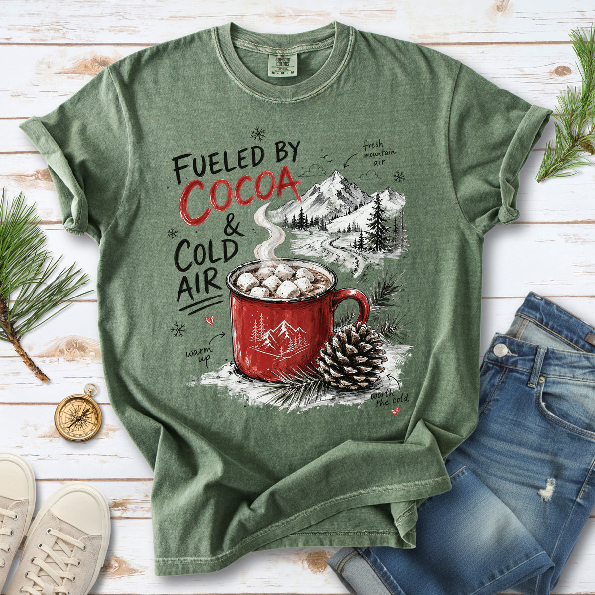 Fueled by Cocoa & Cold Air Comfort Colors Shirt – Cozy Winter Mountain Tee