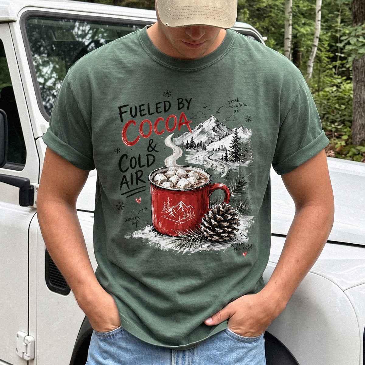 Fueled by Cocoa & Cold Air Comfort Colors Shirt – Cozy Winter Mountain Tee