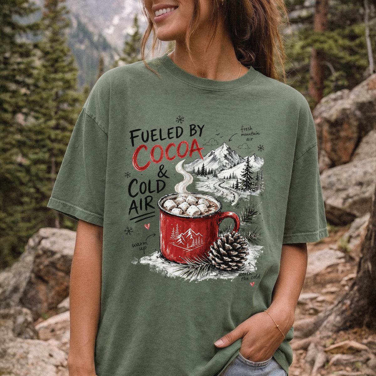 Fueled by Cocoa & Cold Air Comfort Colors Shirt – Cozy Winter Mountain Tee