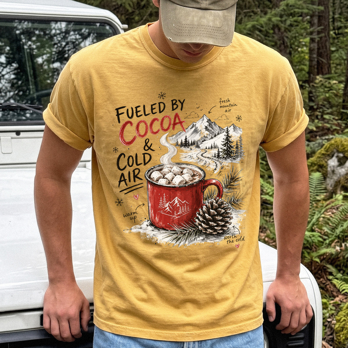 Fueled by Cocoa & Cold Air Comfort Colors Shirt – Cozy Winter Mountain Tee