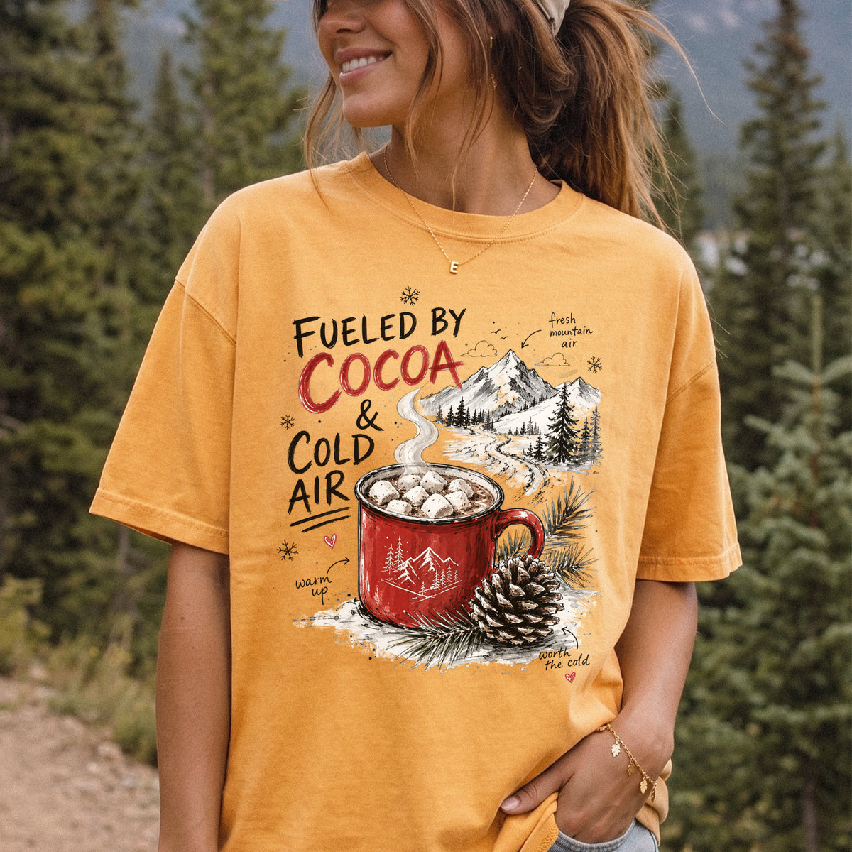 Fueled by Cocoa & Cold Air Comfort Colors Shirt – Cozy Winter Mountain Tee