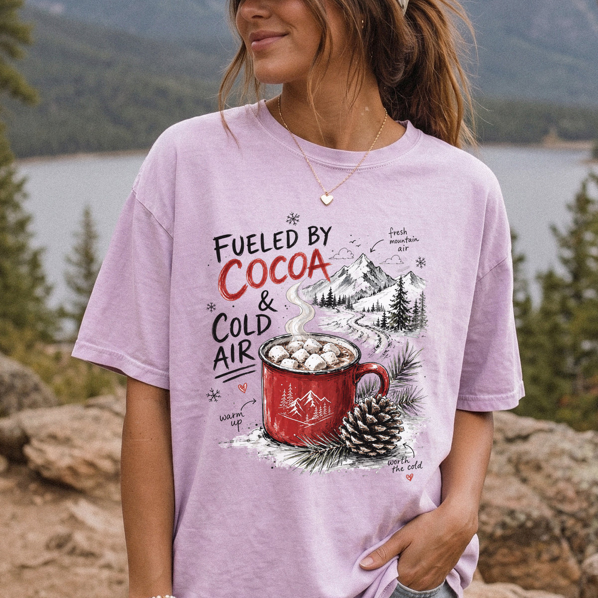 Fueled by Cocoa & Cold Air Comfort Colors Shirt – Cozy Winter Mountain Tee