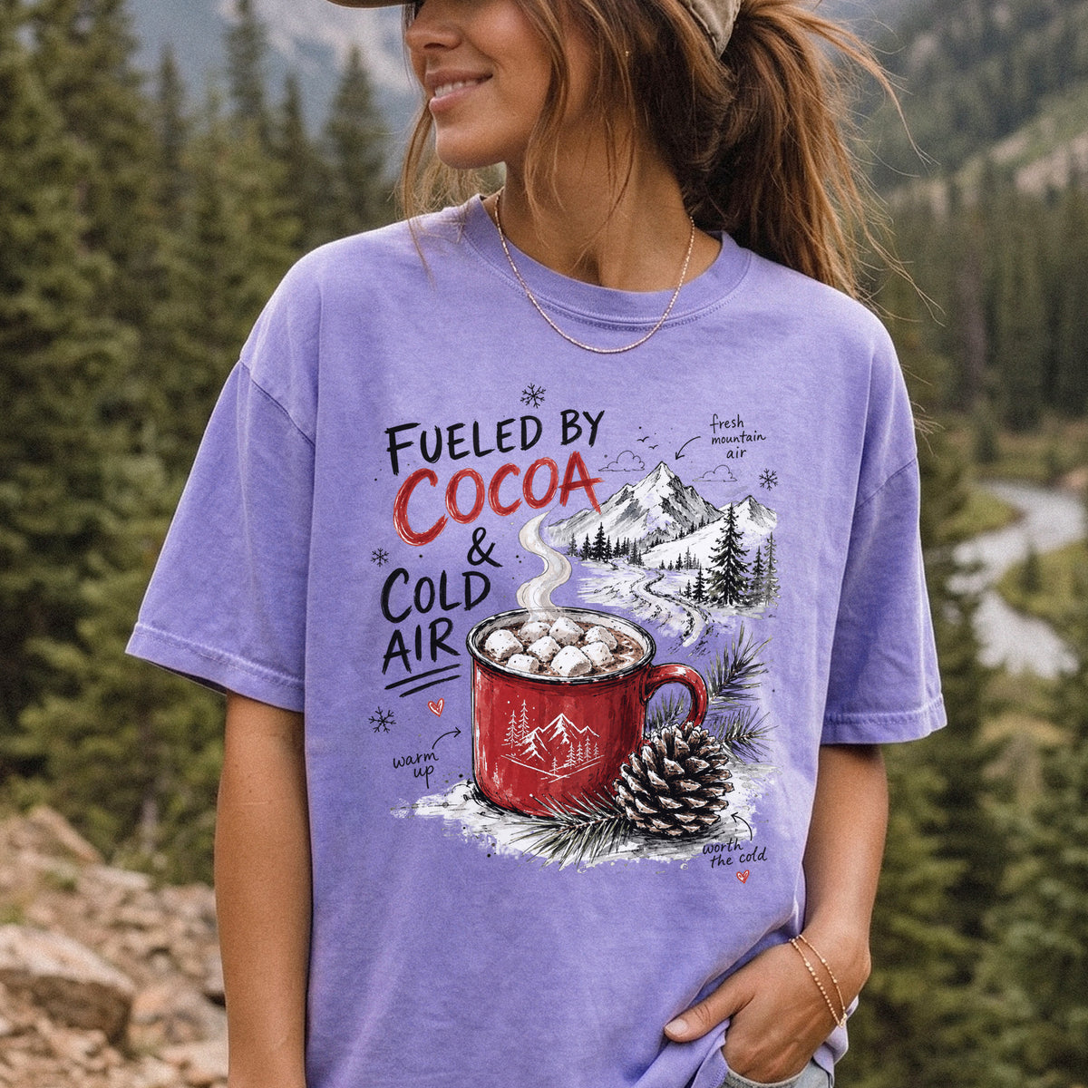 Fueled by Cocoa & Cold Air Comfort Colors Shirt – Cozy Winter Mountain Tee