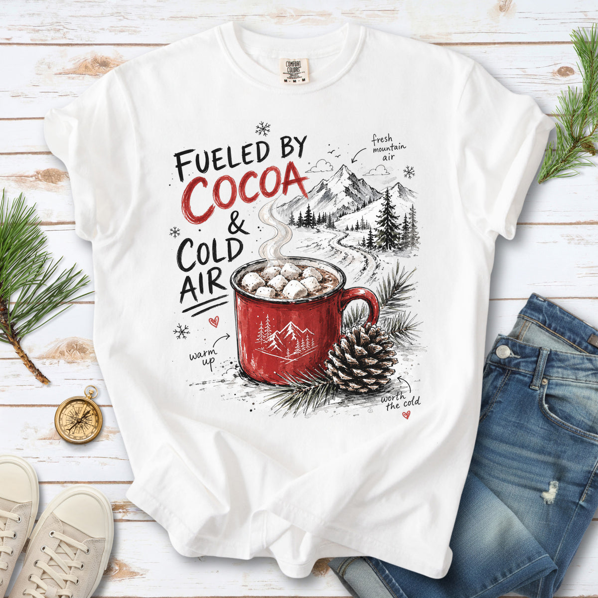 Fueled by Cocoa & Cold Air Comfort Colors Shirt – Cozy Winter Mountain Tee