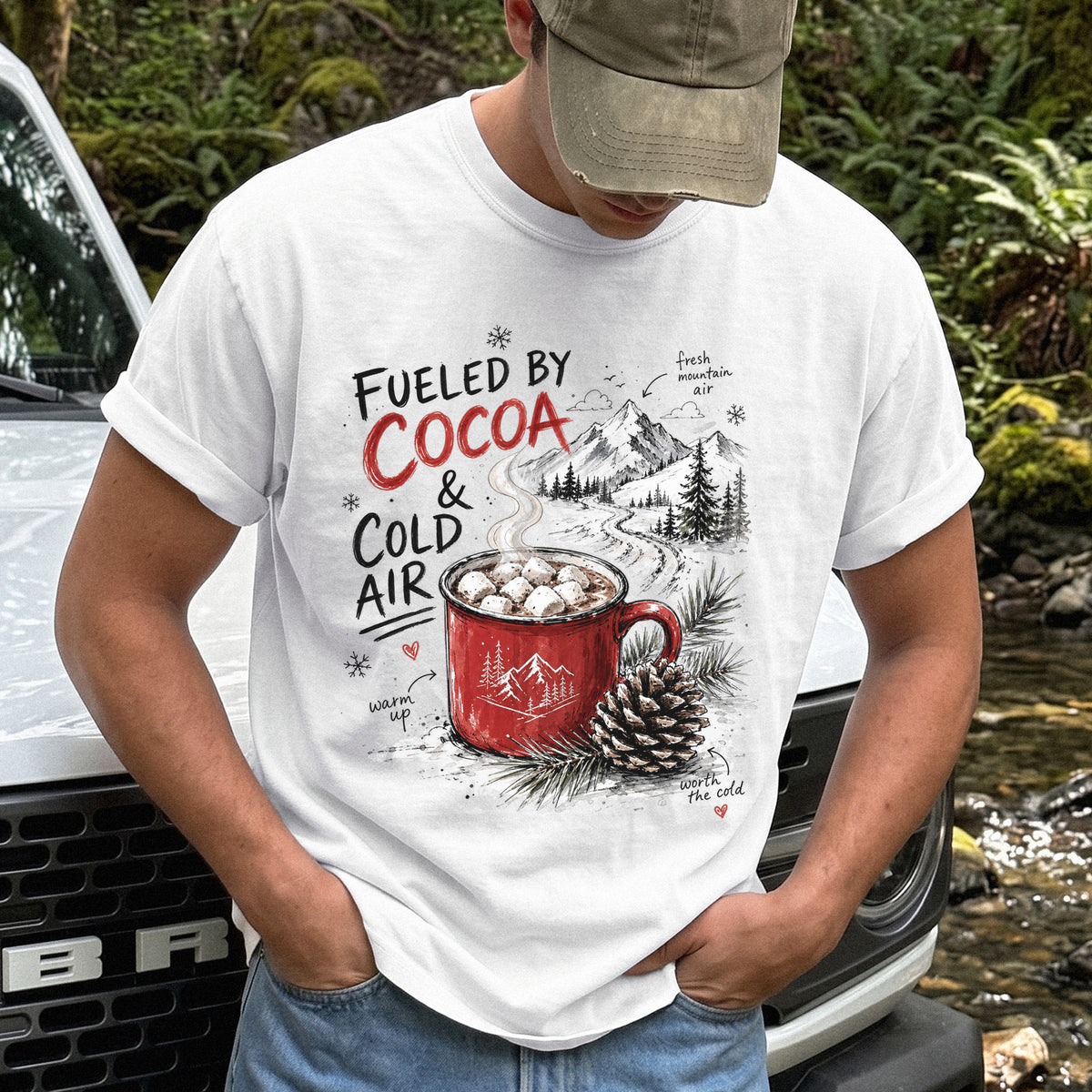 Fueled by Cocoa & Cold Air Comfort Colors Shirt – Cozy Winter Mountain Tee