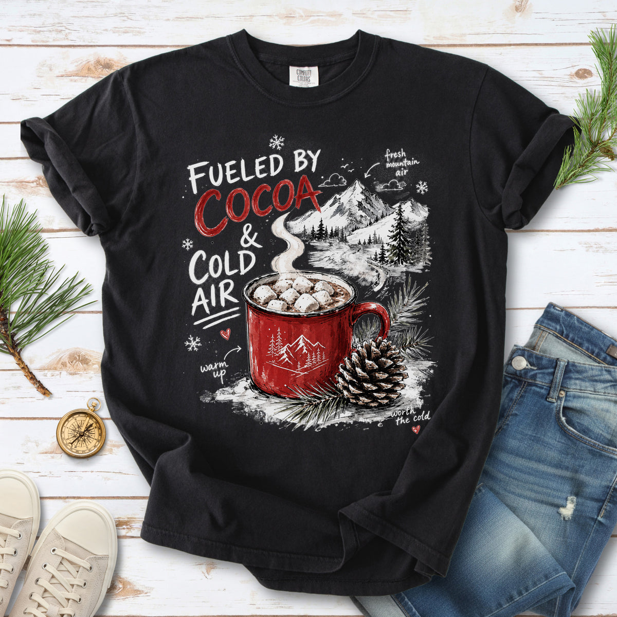 Fueled by Cocoa & Cold Air Comfort Colors Shirt – Cozy Winter Mountain Tee