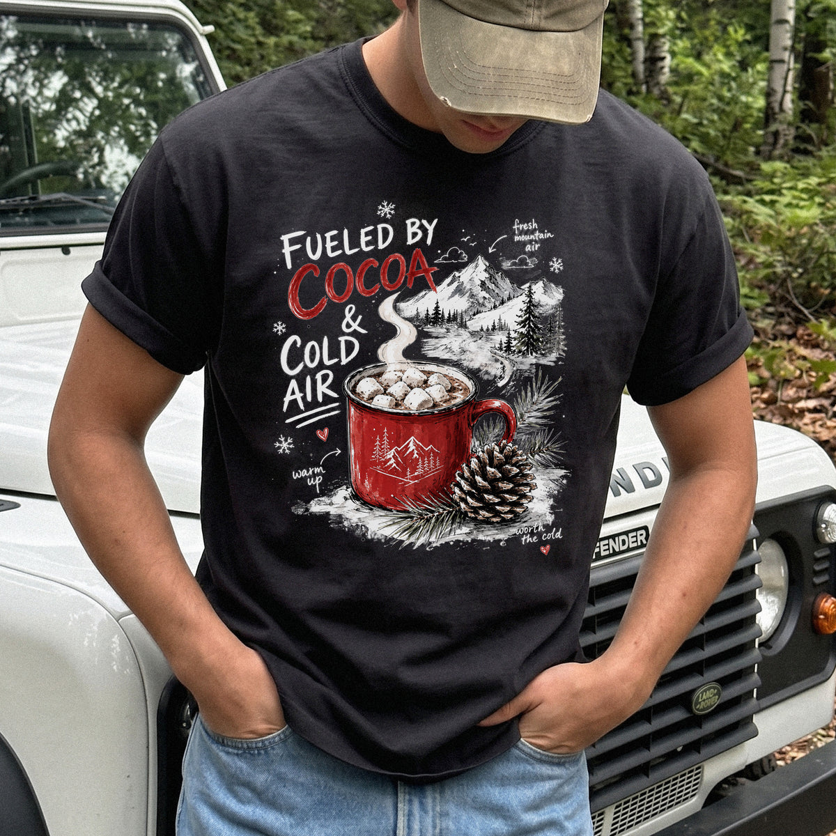 Fueled by Cocoa & Cold Air Comfort Colors Shirt – Cozy Winter Mountain Tee