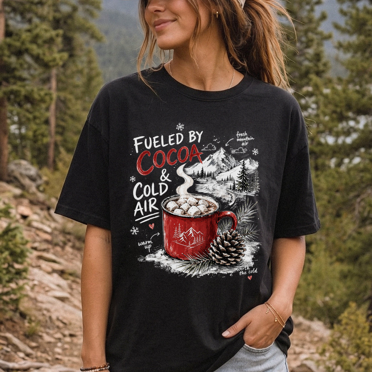 Fueled by Cocoa & Cold Air Comfort Colors Shirt – Cozy Winter Mountain Tee