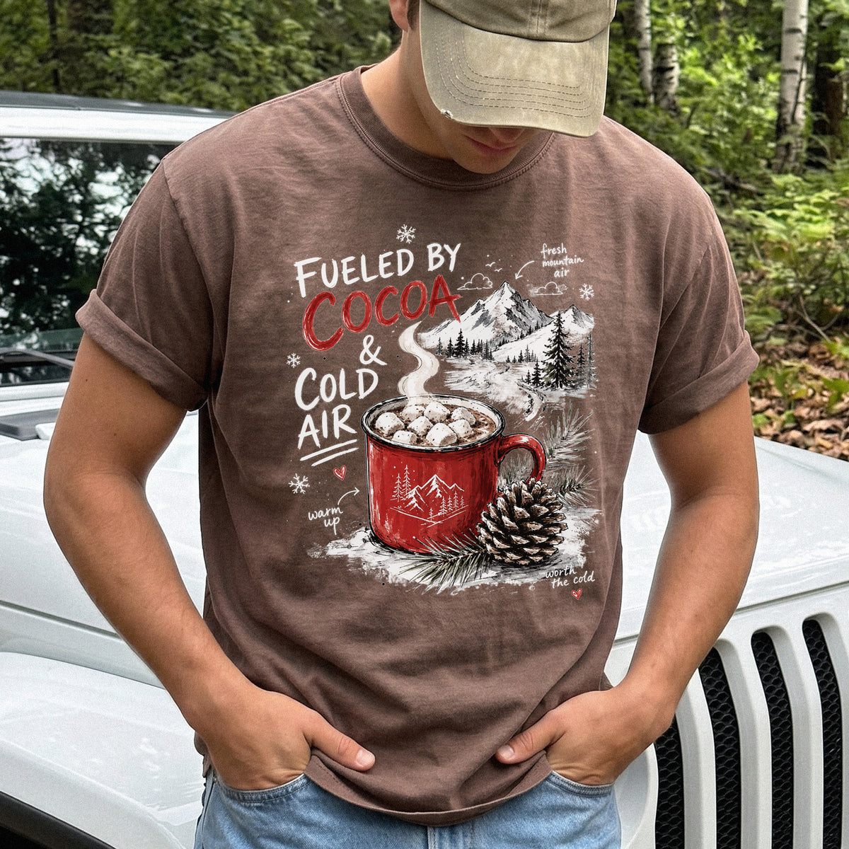 Fueled by Cocoa & Cold Air Comfort Colors Shirt – Cozy Winter Mountain Tee