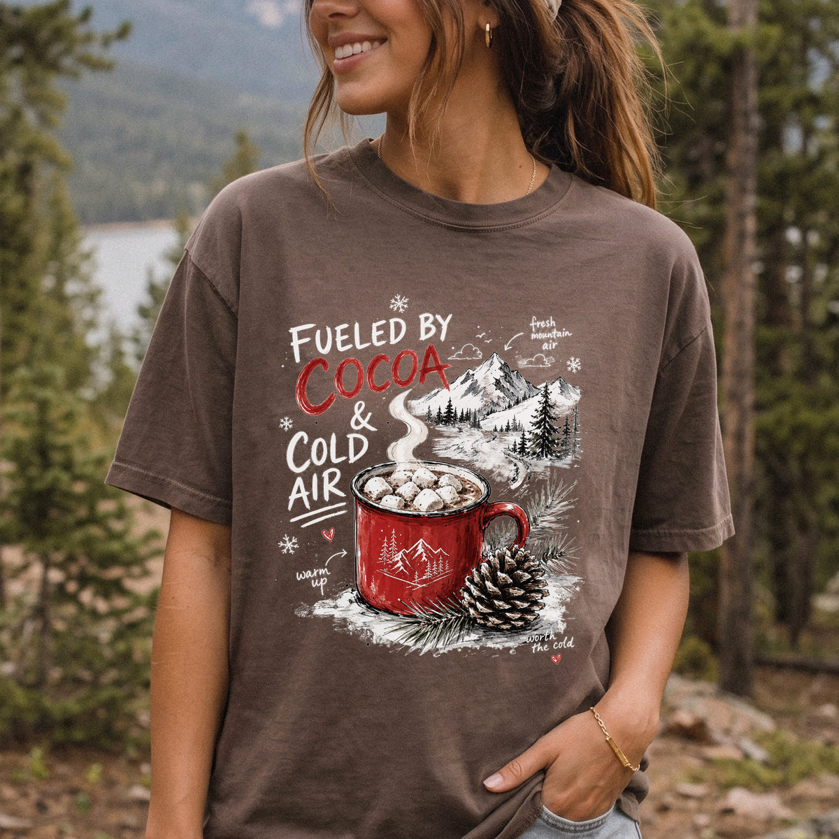 Fueled by Cocoa & Cold Air Comfort Colors Shirt – Cozy Winter Mountain Tee