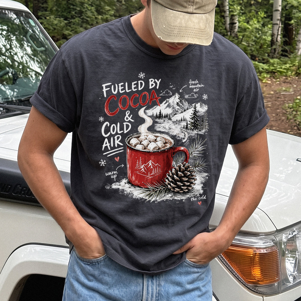 Fueled by Cocoa & Cold Air Comfort Colors Shirt – Cozy Winter Mountain Tee