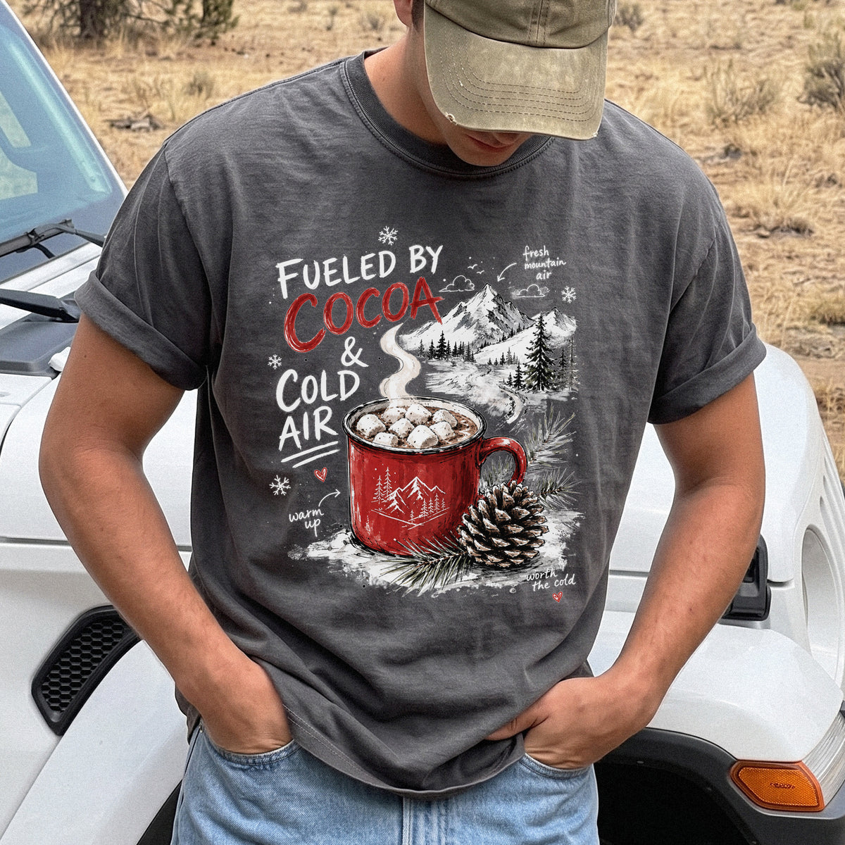 Fueled by Cocoa & Cold Air Comfort Colors Shirt – Cozy Winter Mountain Tee