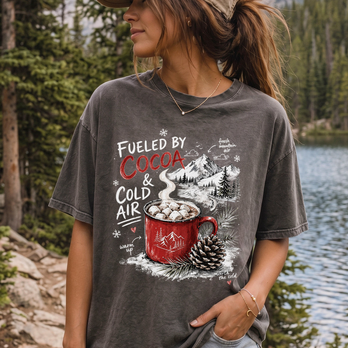 Fueled by Cocoa & Cold Air Comfort Colors Shirt – Cozy Winter Mountain Tee