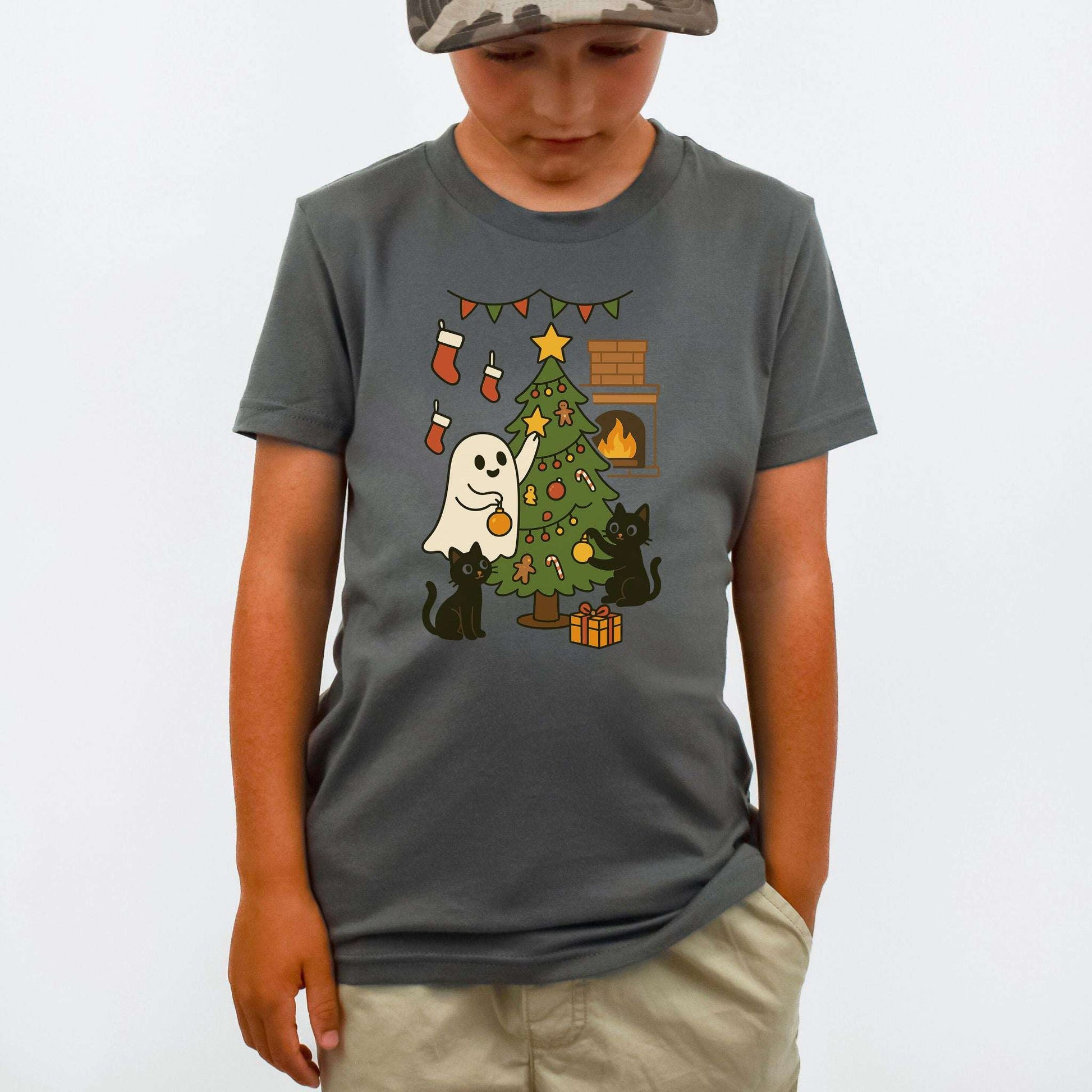 Ghost & Black Cats Christmas Youth Tee – Haunted Holiday Tree Decorating
