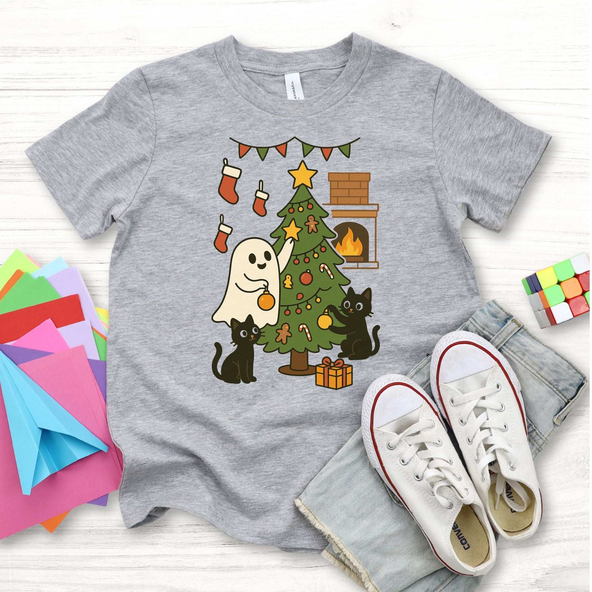 Ghost & Black Cats Christmas Youth Tee – Haunted Holiday Tree Decorating